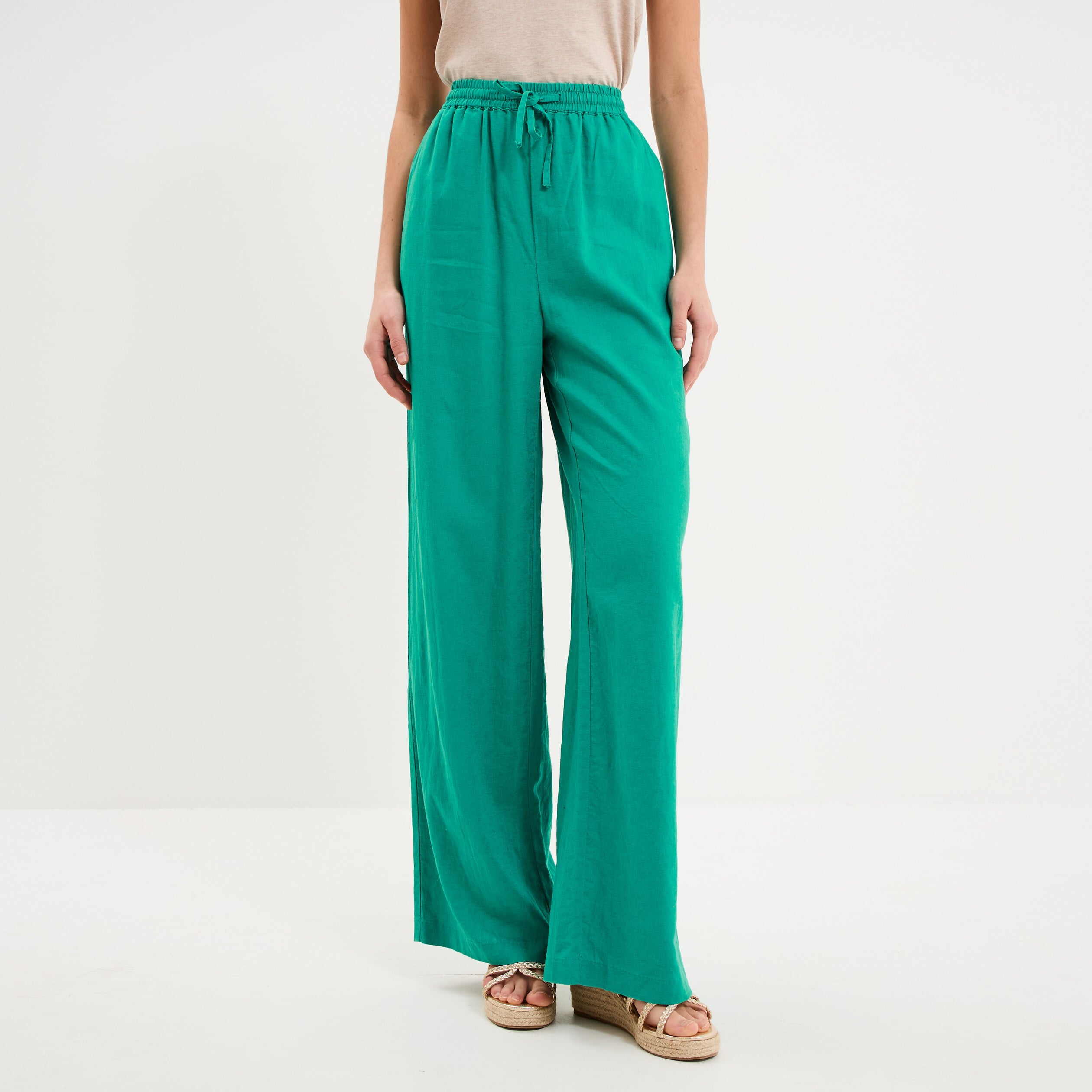 Pantalon large lin m&eacute;lang&eacute; vert canard femme