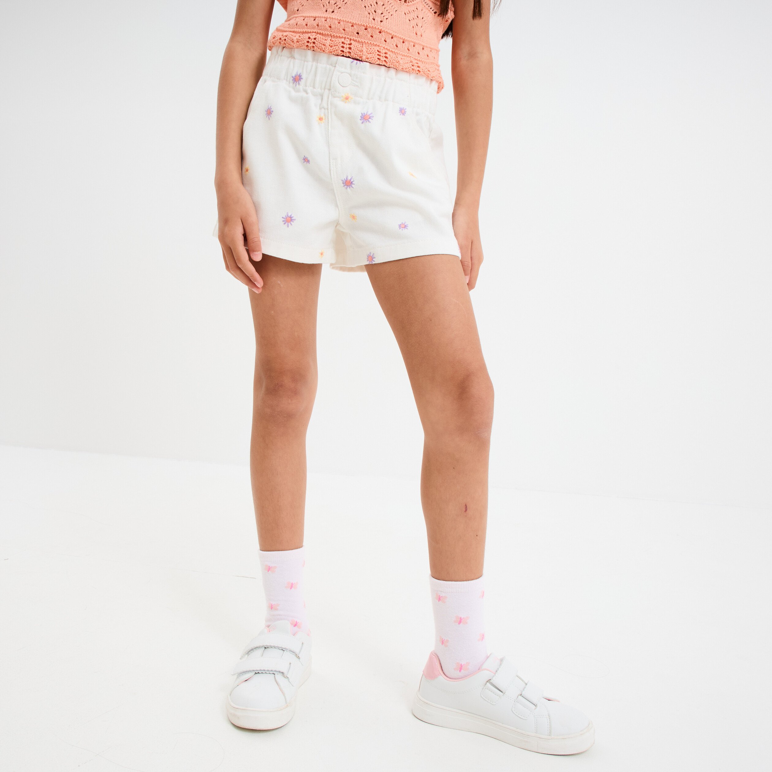 short brode taille elastiquee coton ecru fille Short brodé taille élastiquée coton ecru fille