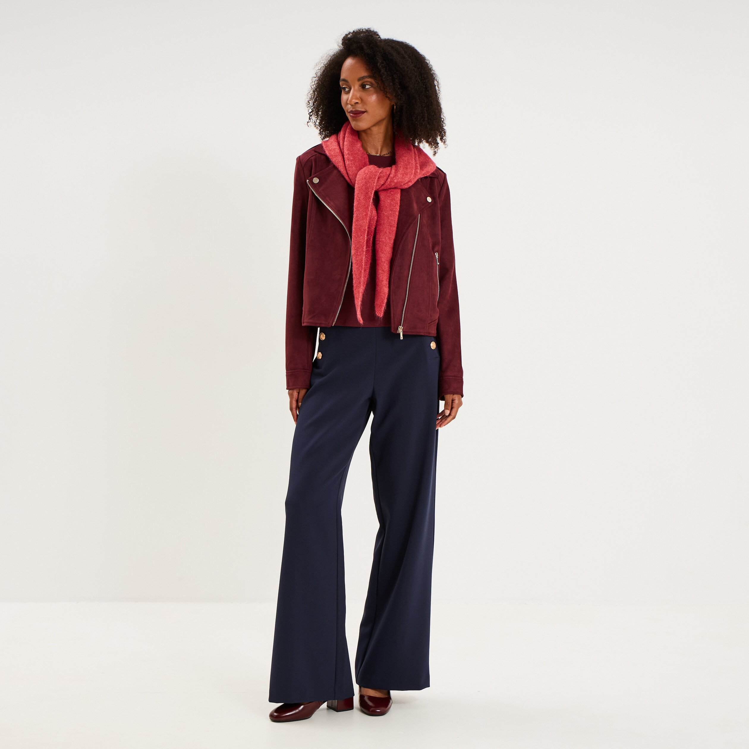 Veste biker en su&eacute;dine ajust&eacute;e violet fonc&eacute; femme