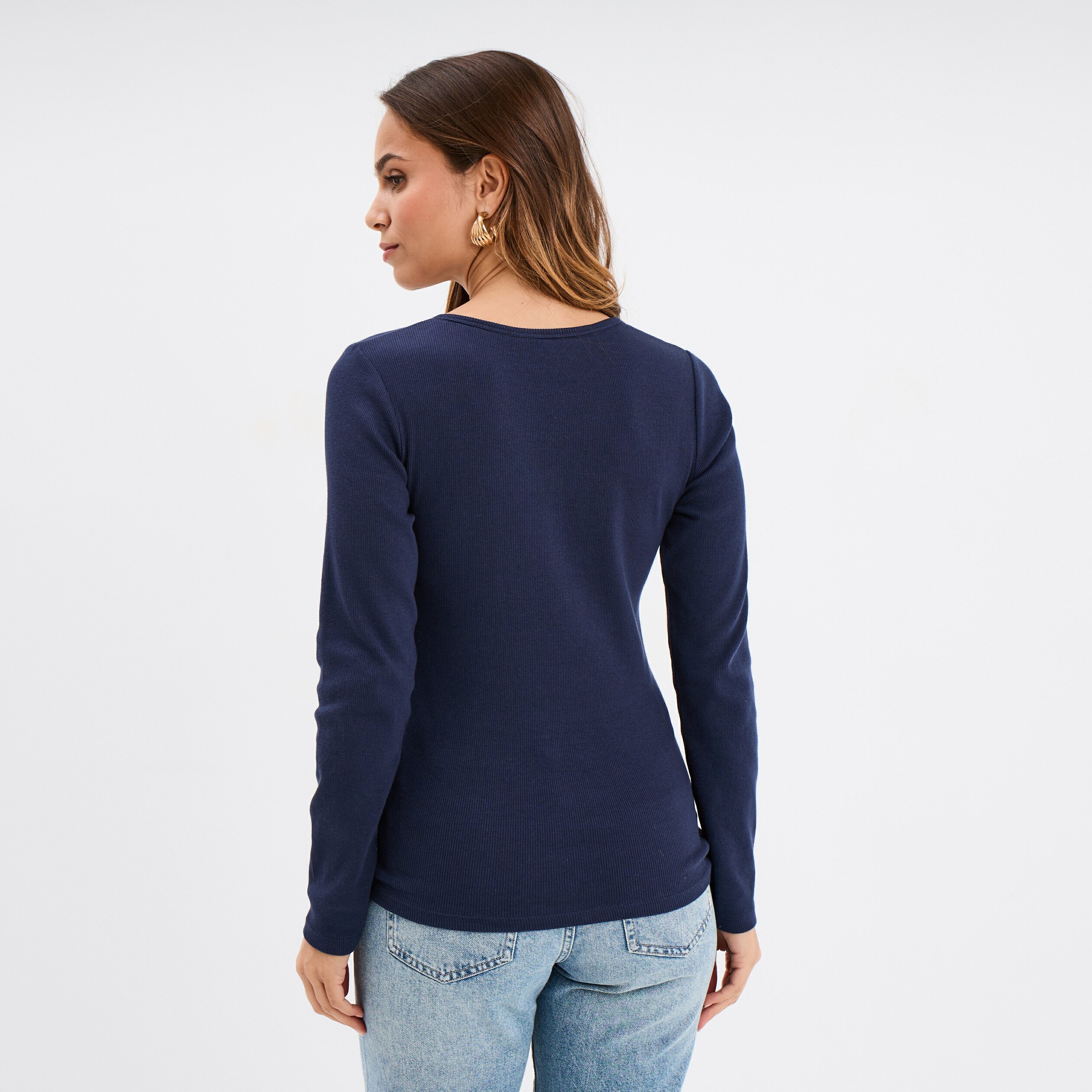 t shirt ajuste col tunisien jersey coton bleu marine femme T-shirt ajusté col tunisien jersey coton bleu marine femme