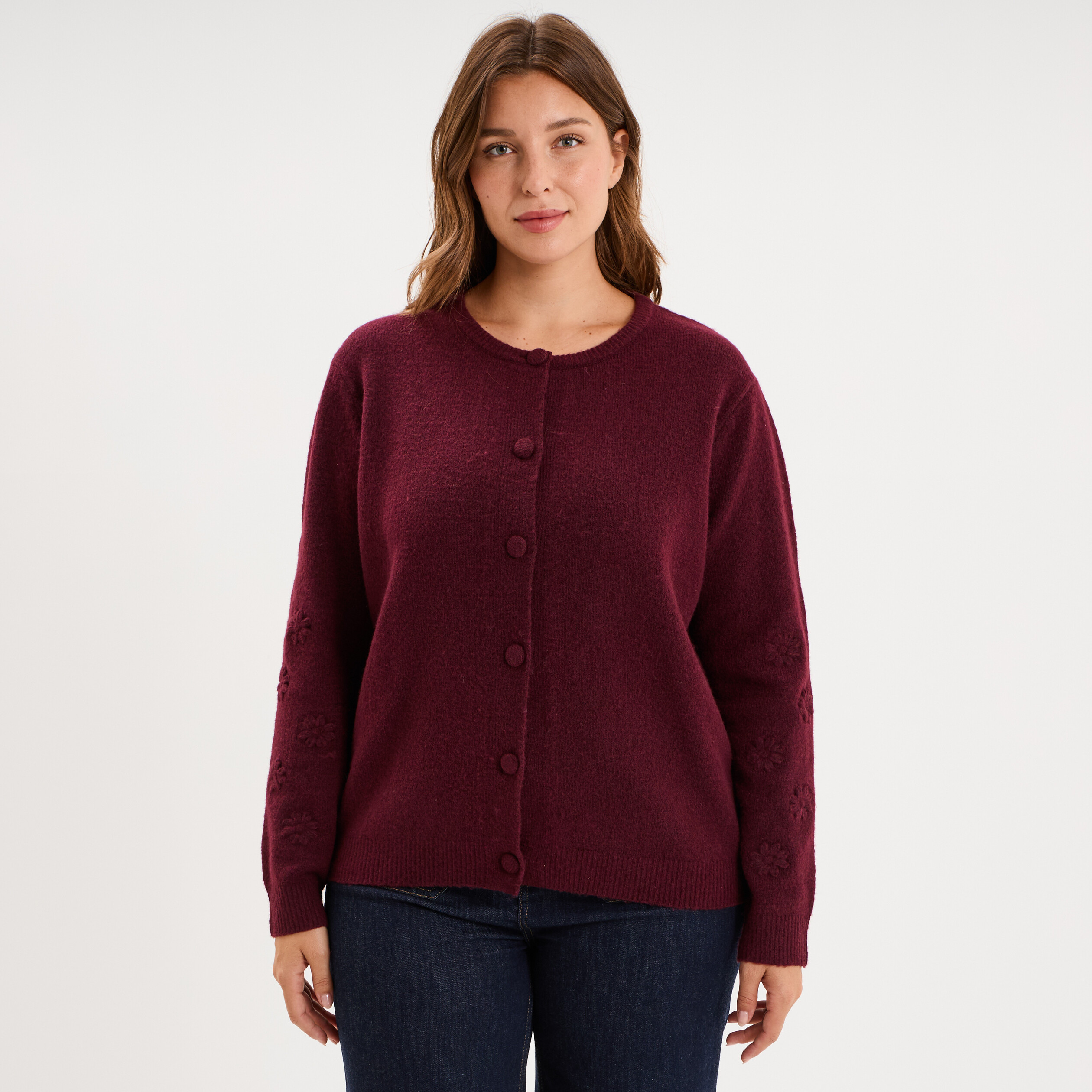 Gilet col rond manches longues boutonn&eacute; violet fonc&eacute; femme grande taille