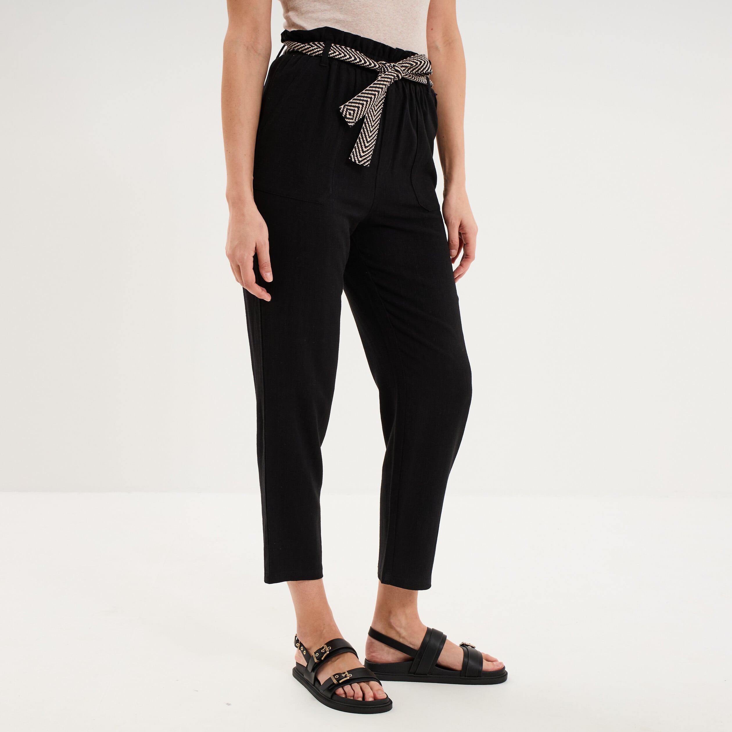 Pantalon paperbag &eacute;lastiqu&eacute; m&eacute;lange lin noir femme