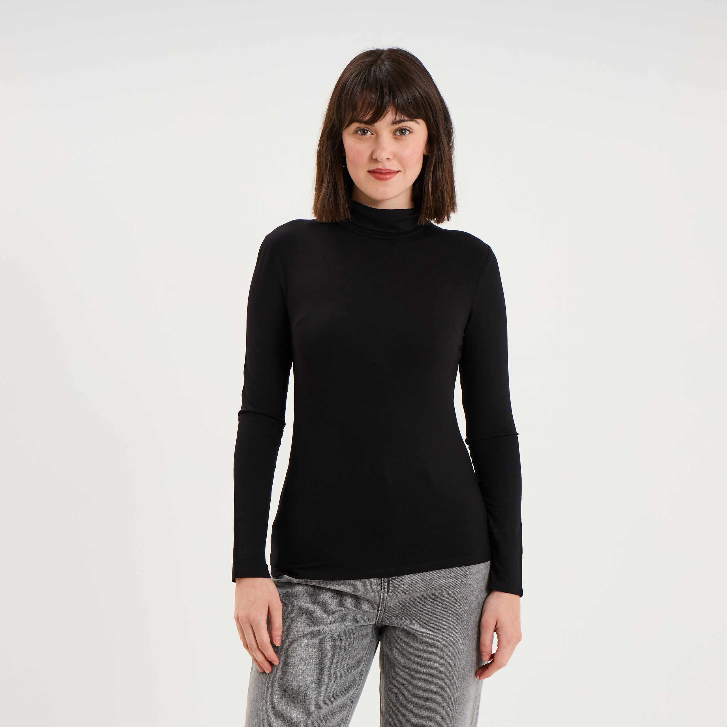 T-shirt manches longues col roul&eacute; noir femme