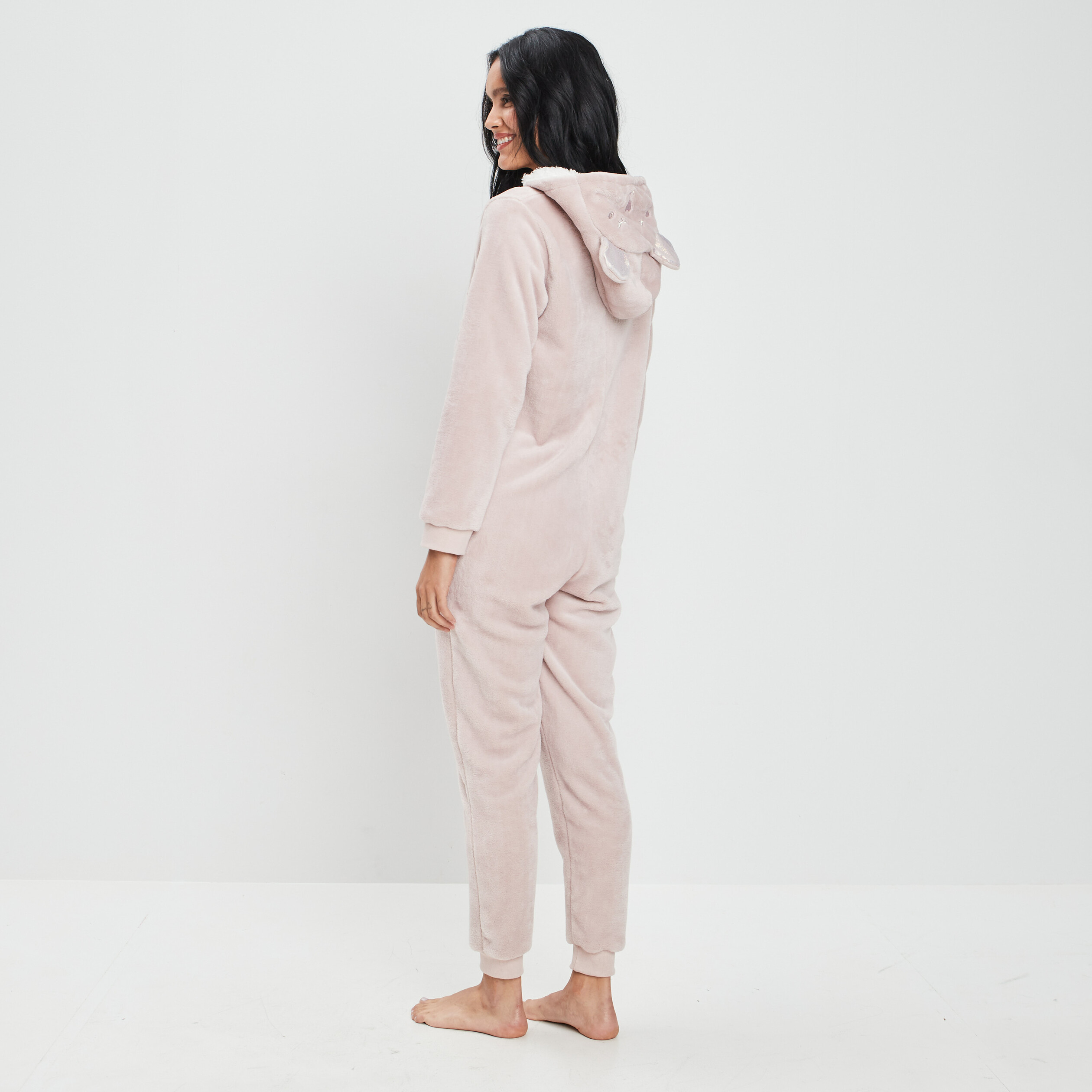Combinaison pyjama à capuche rose clair femme