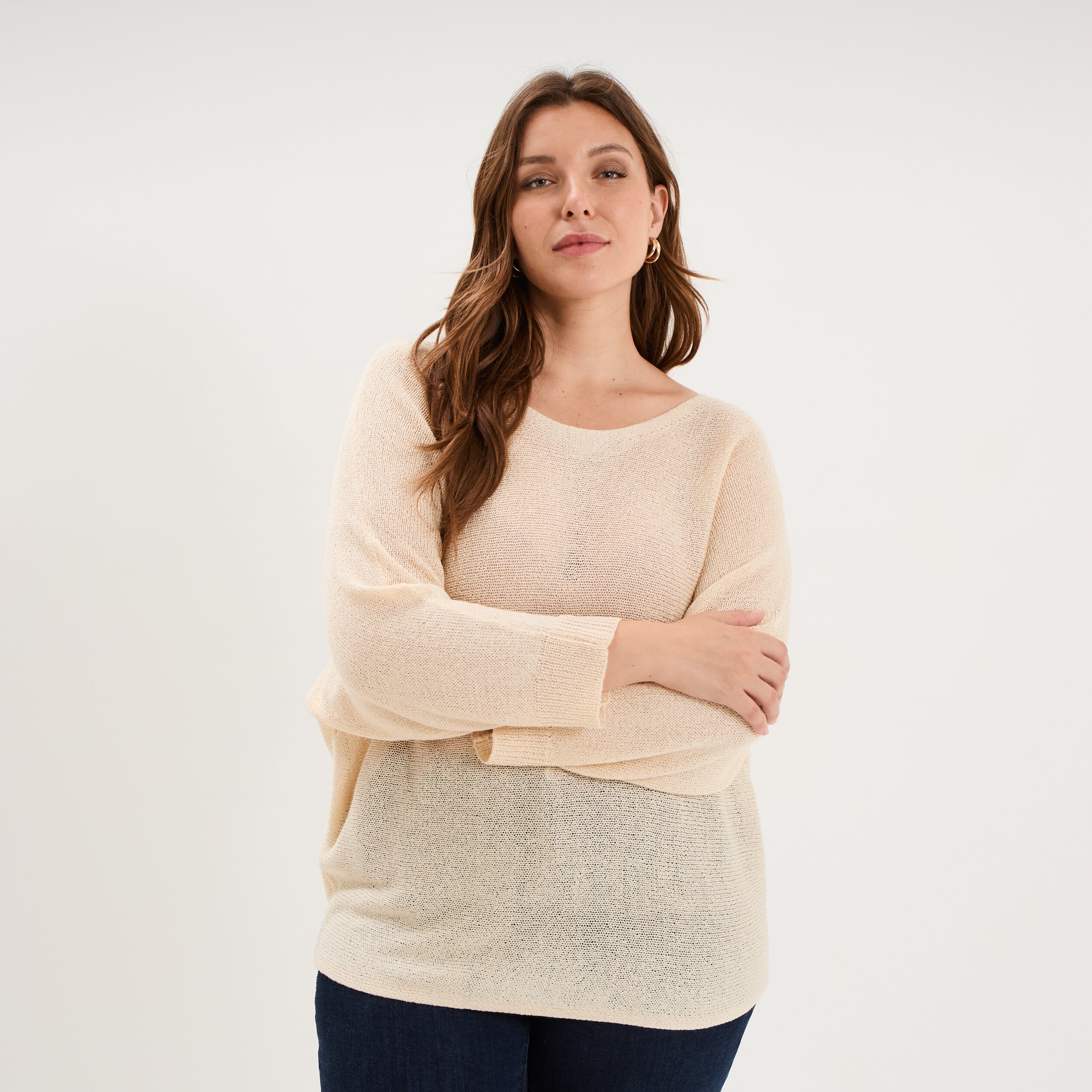 Pull manches longues col rond beige femme grande taille