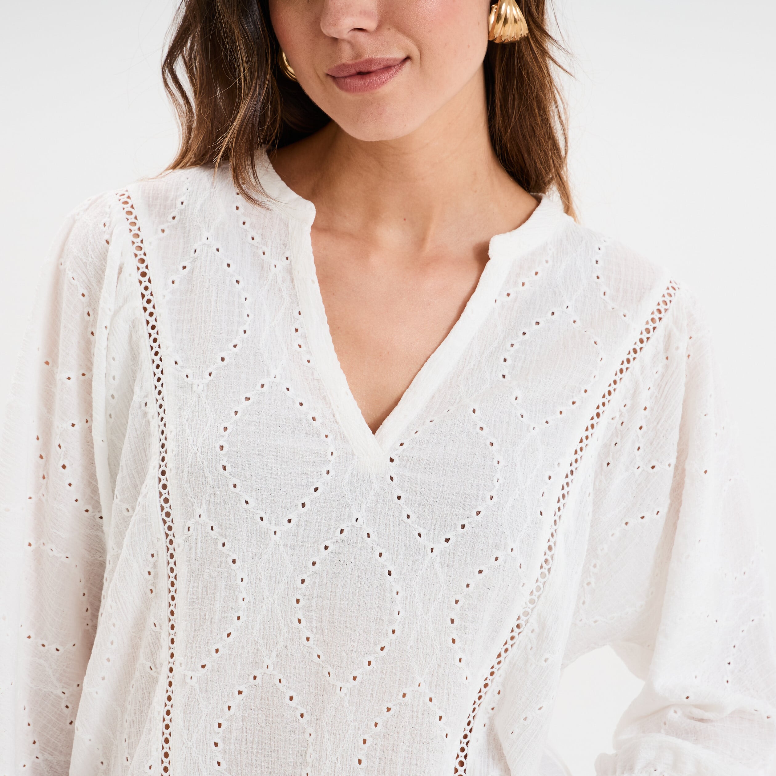 Blouse ajour&eacute;e manches 3/4 col en V blanc femme