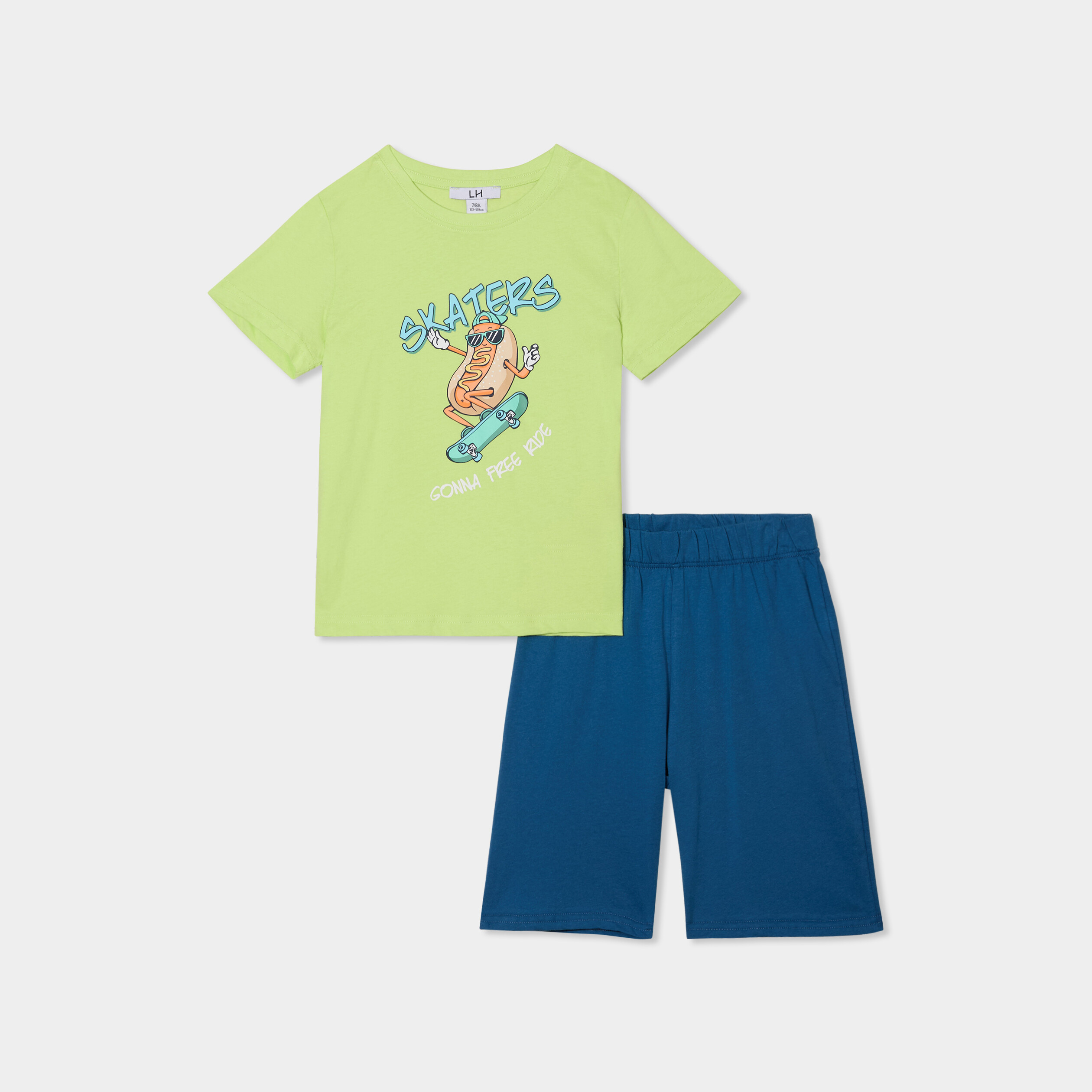 Ensemble pyjama t-shirt et short coton vert anis gar&ccedil;on