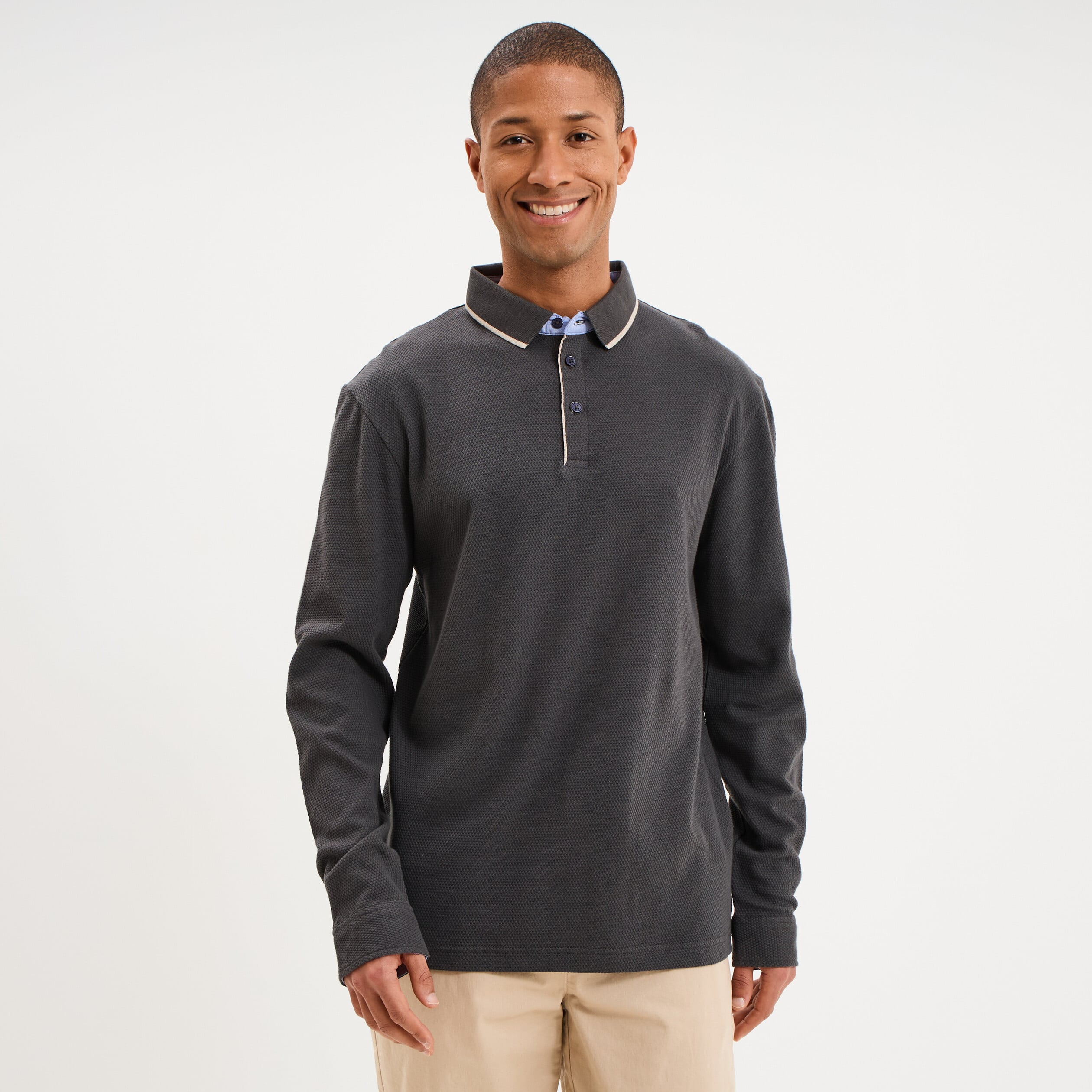 Polo piqu&eacute; droit manches longues coton gris homme