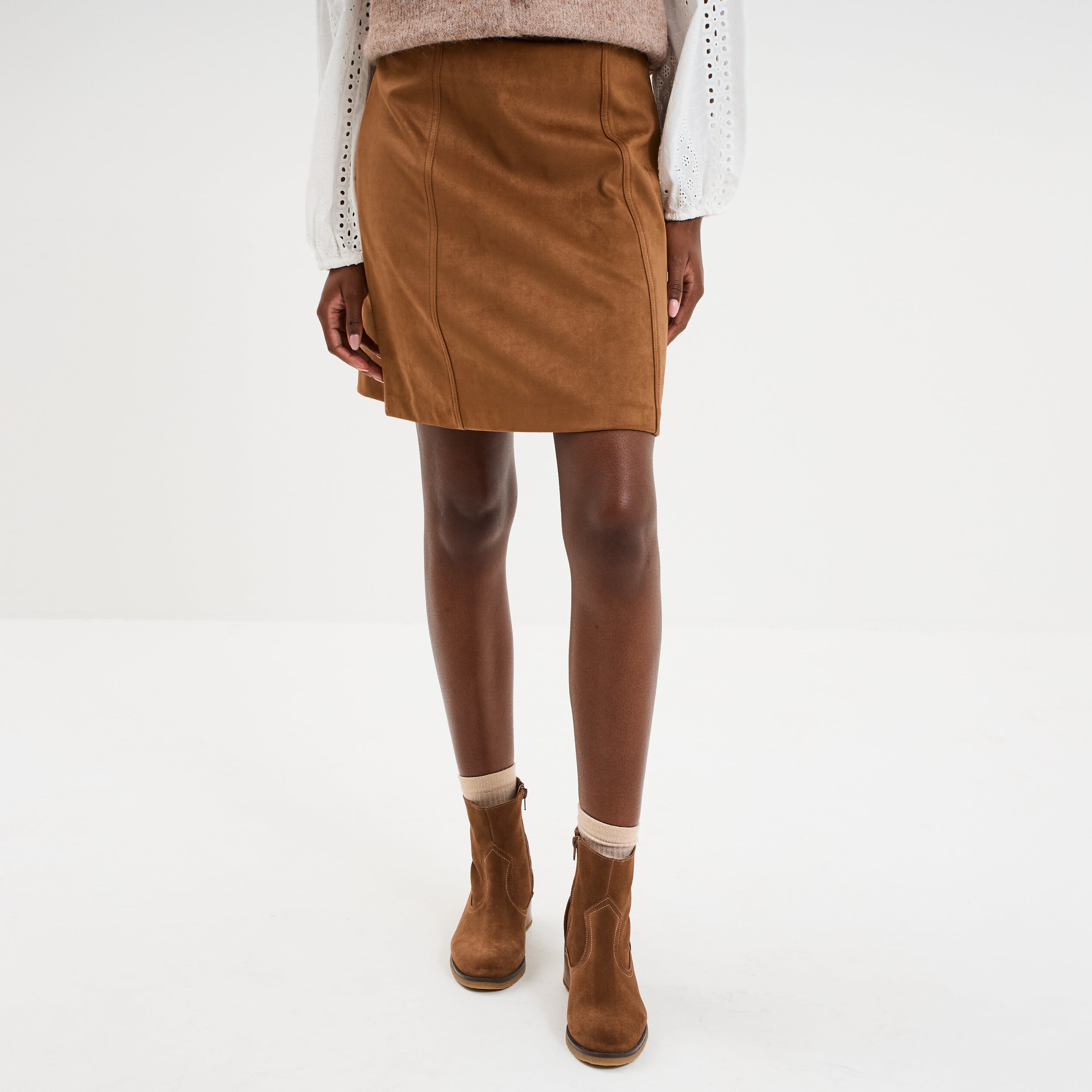 Jupe trap&egrave;ze effet su&eacute;dine marron femme