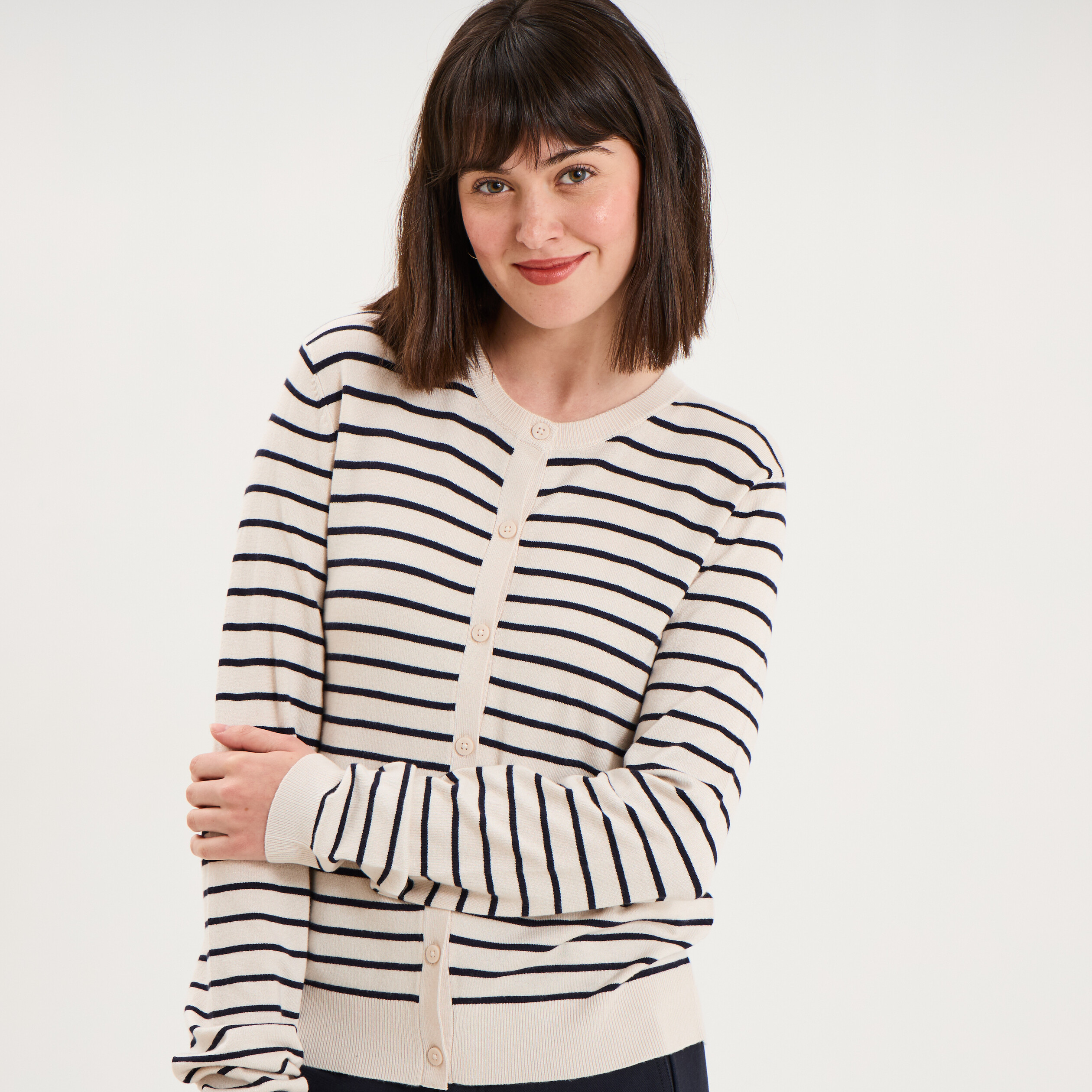 Gilet col rond manches longues sable femme