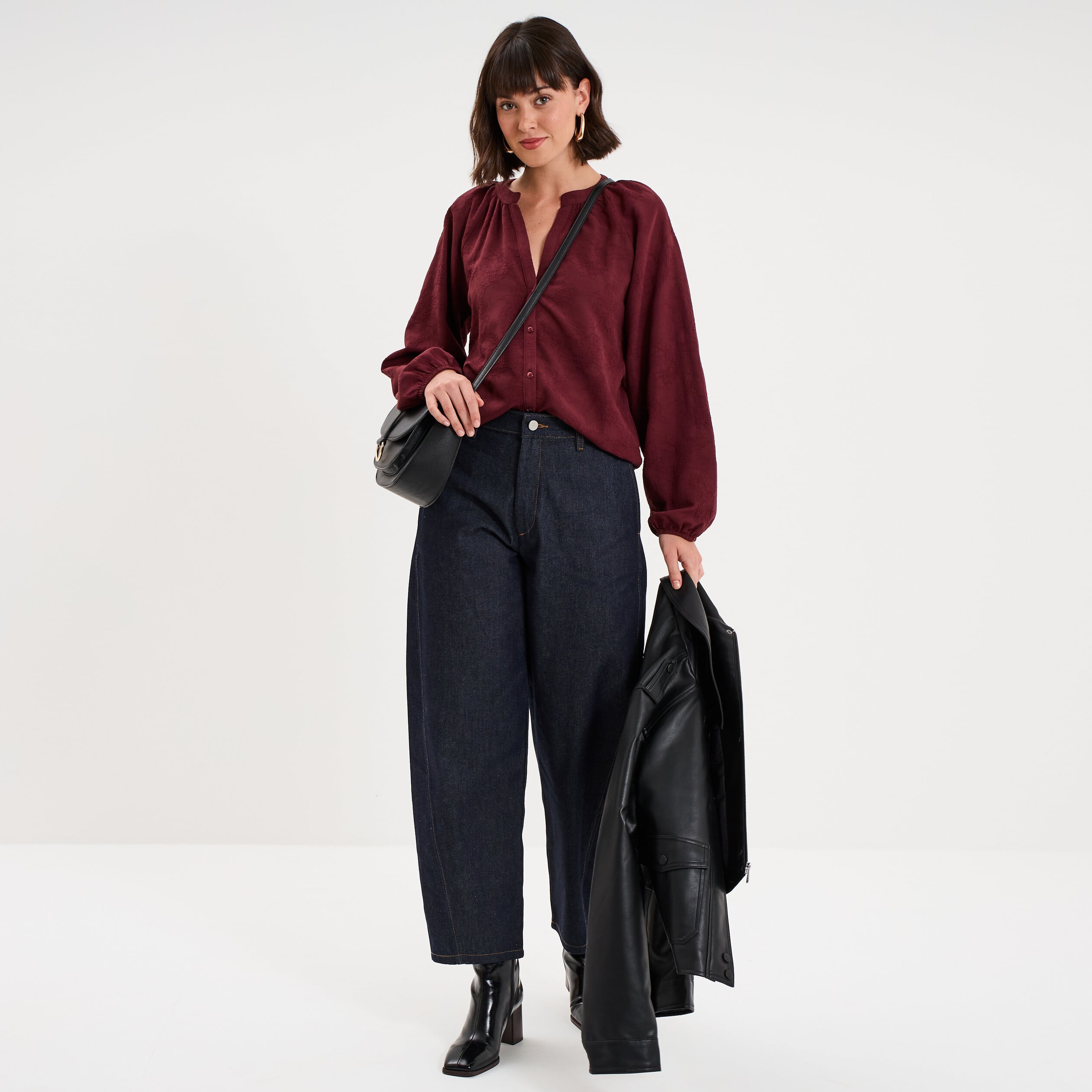 Chemise brod&eacute;e manches longues violet fonc&eacute; femme