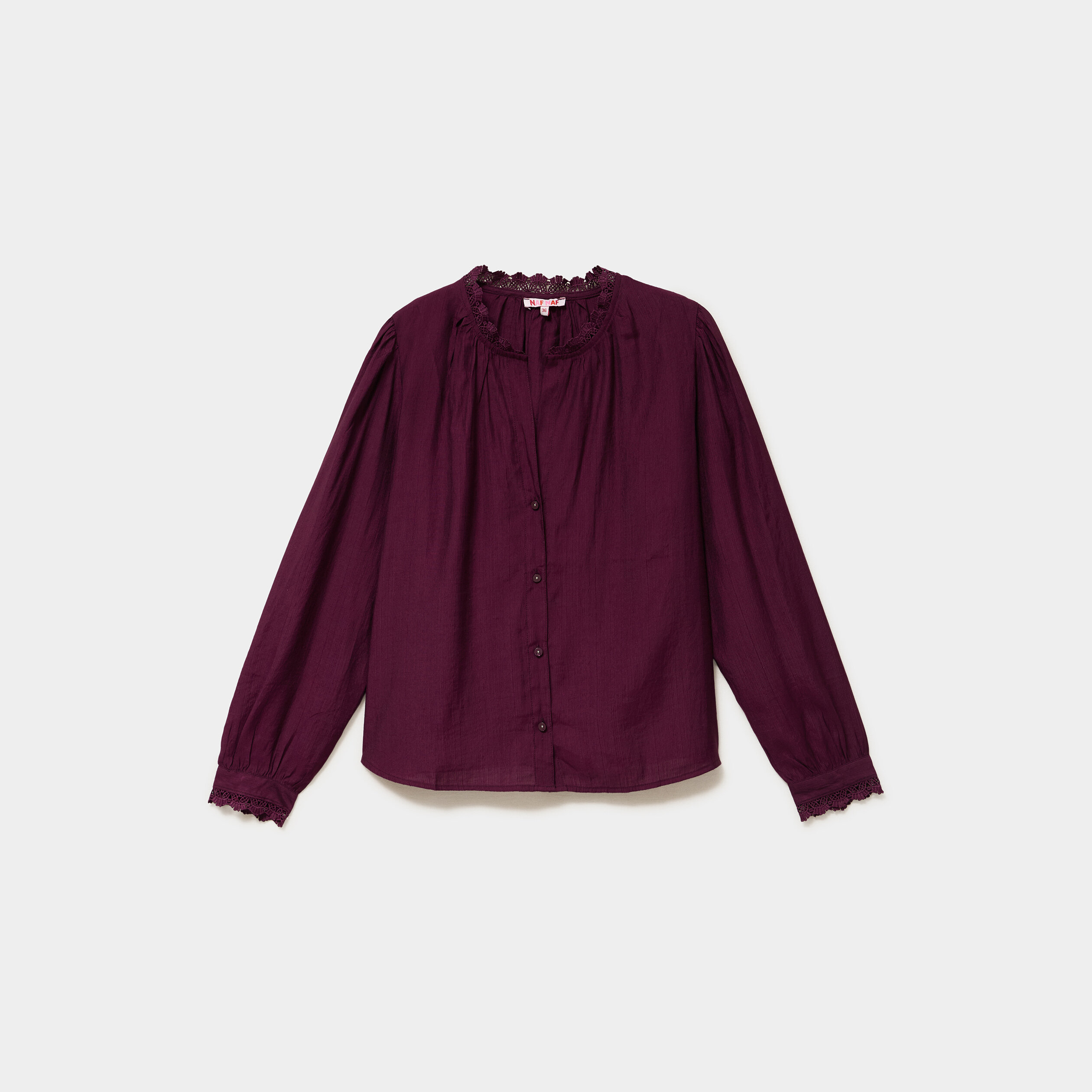 Blouse col montant dentelle violet fonc&eacute; femme