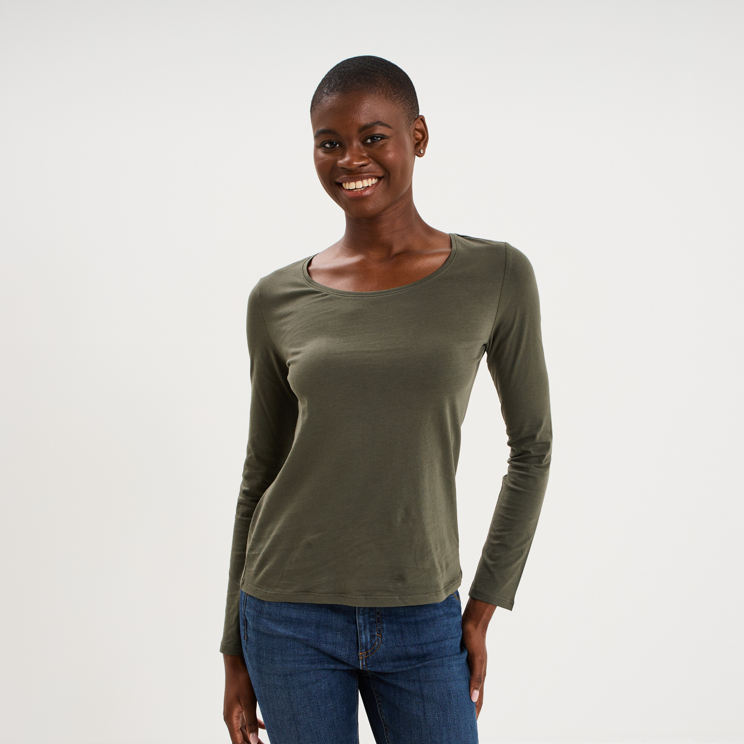 T-shirt coton col rond manches longues vert kaki femme