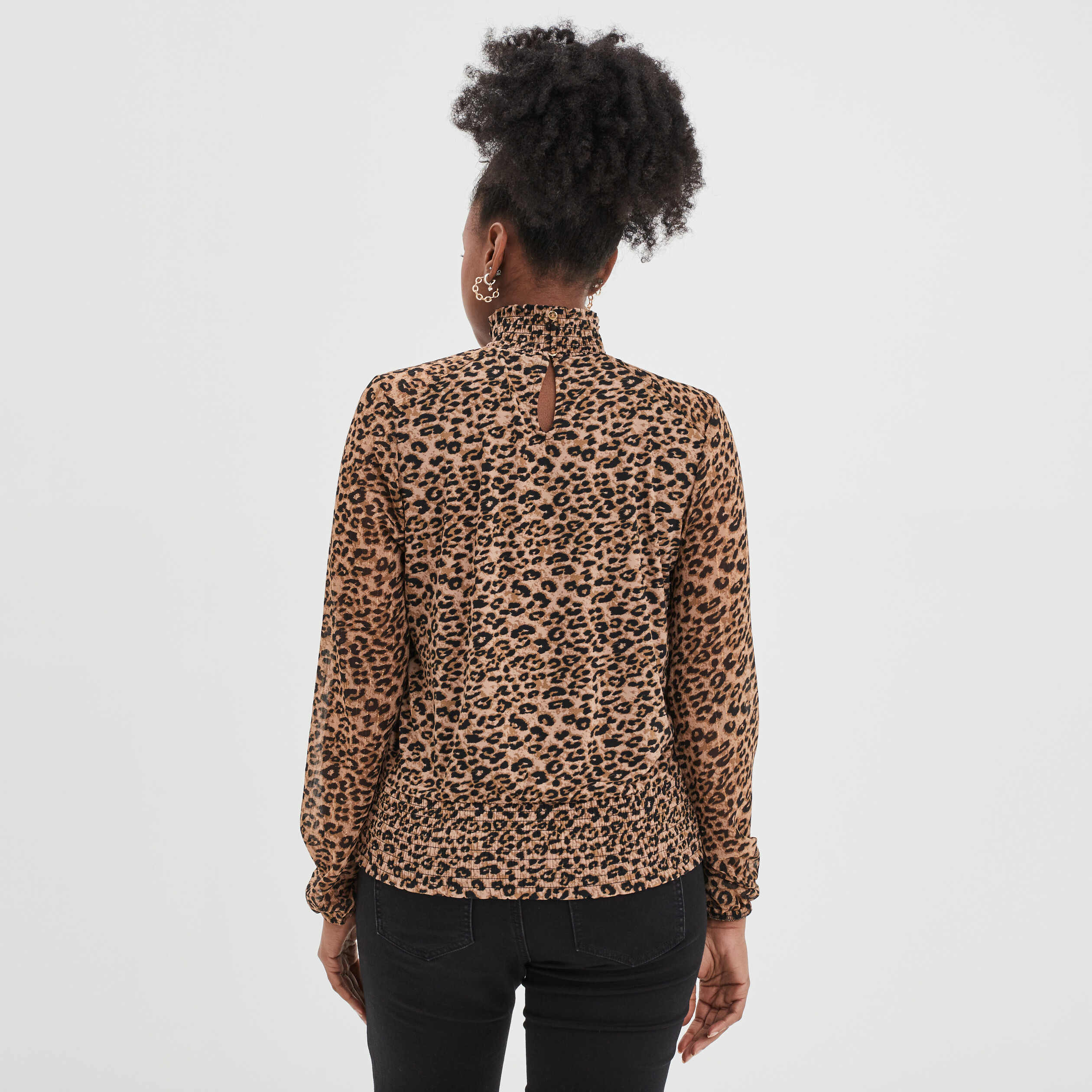 T-shirt manches longues à col montant beige femme