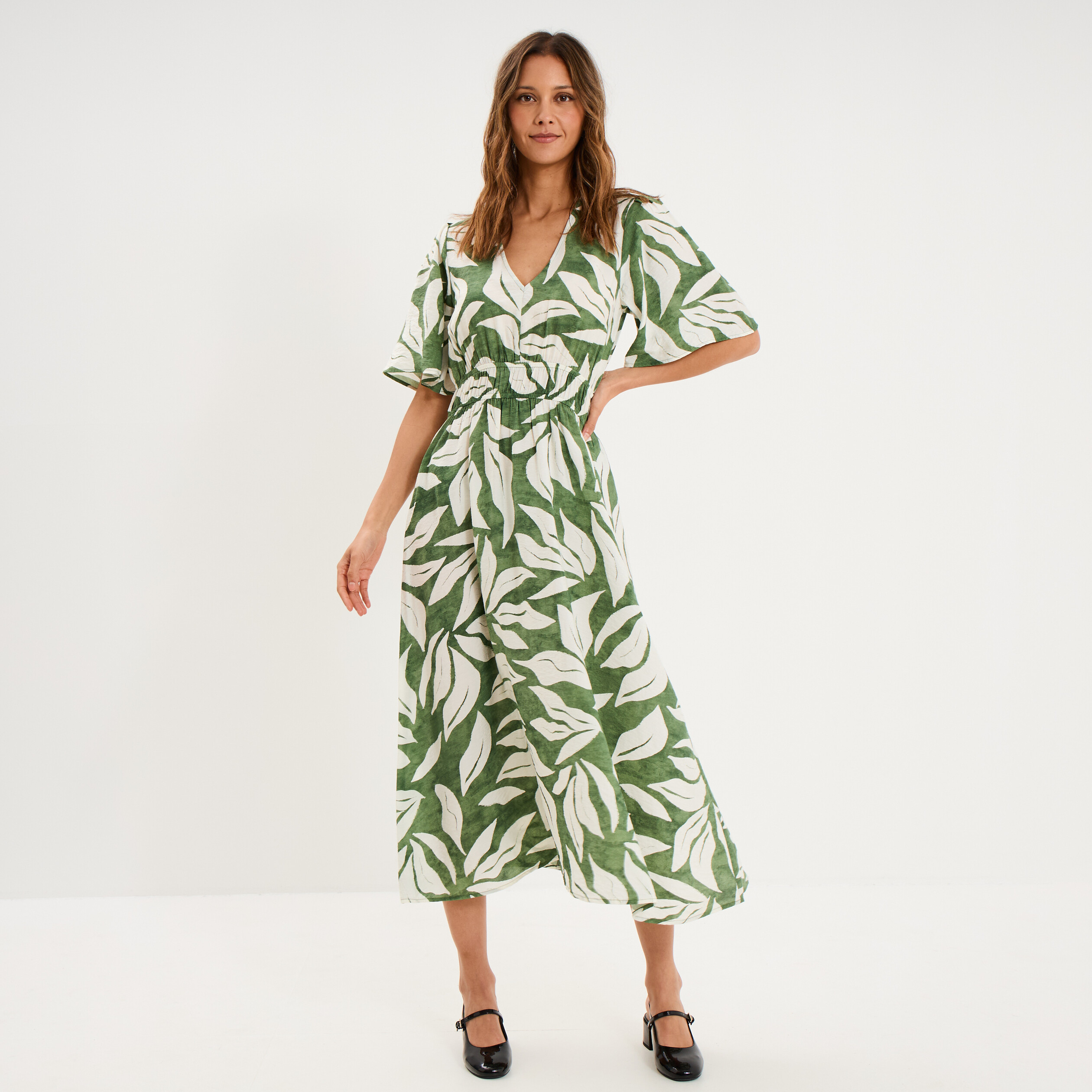 Robe longue col V taille &eacute;lastiqu&eacute;e vert kaki femme