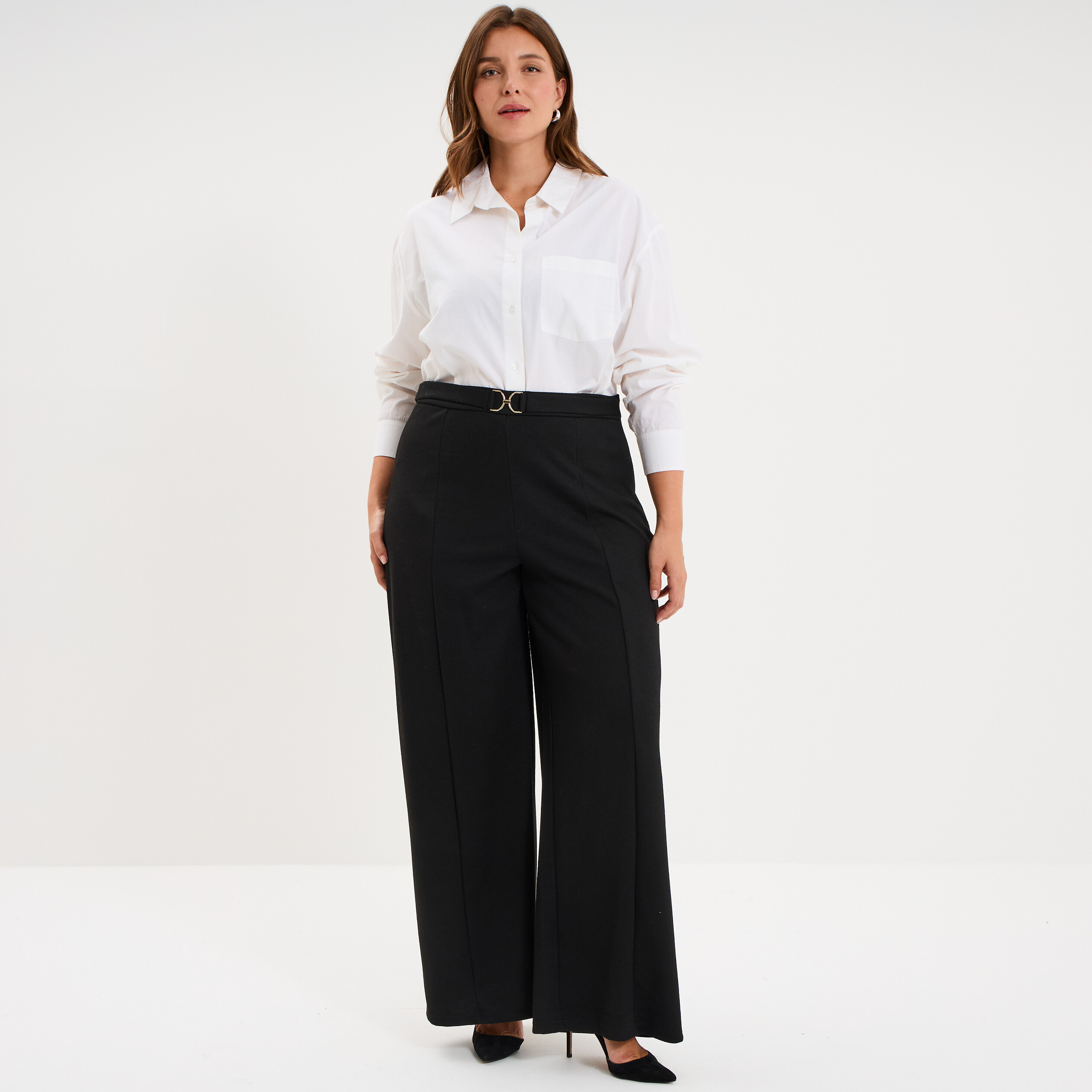 Pantalon city taille haute large boucle noir femme grande taille