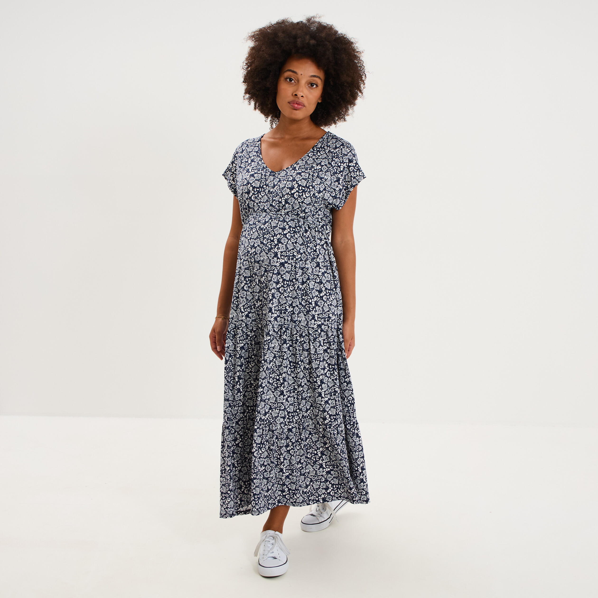 Robe longue col en V grossesse bleu marine femme maternit&eacute;