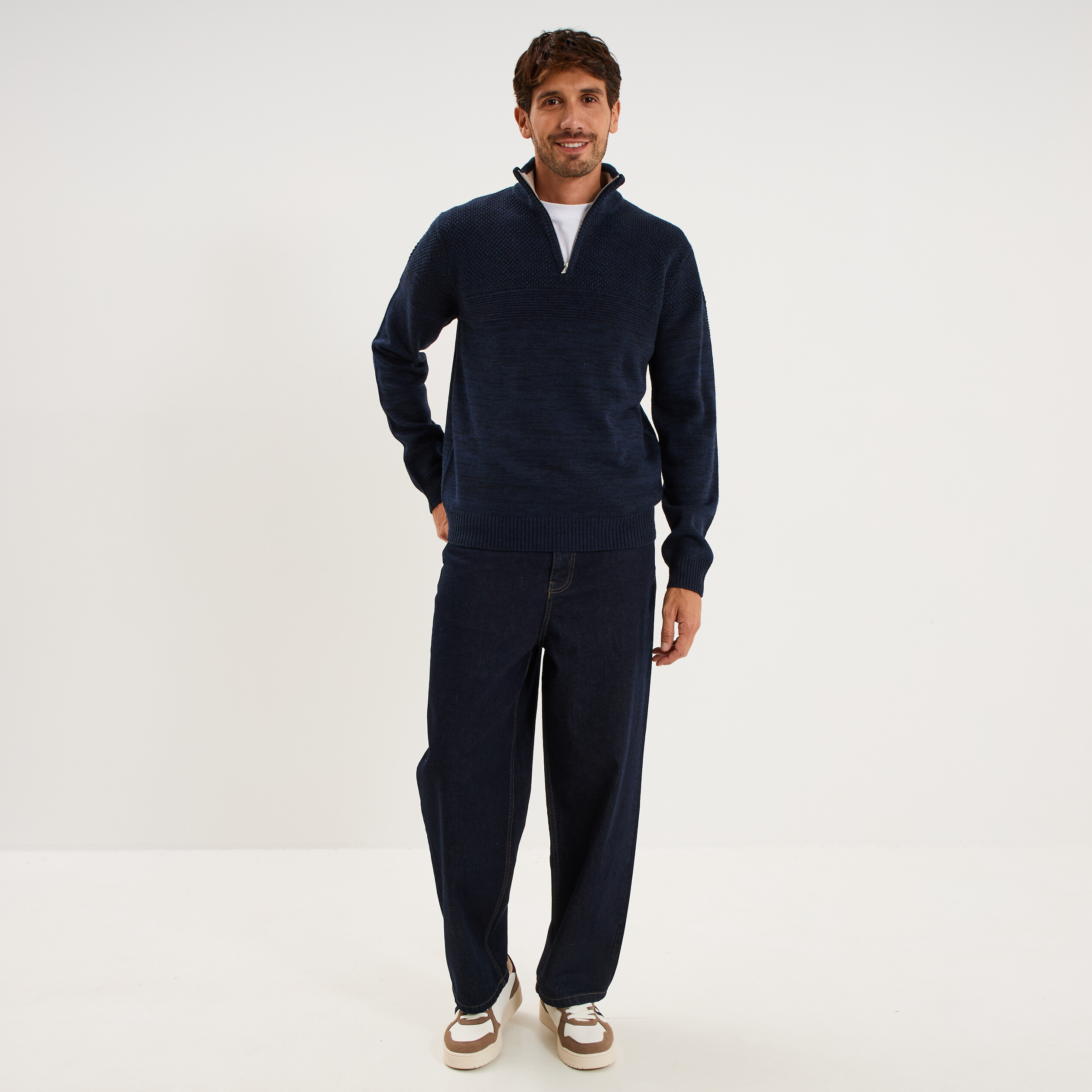 Pull col camionneur manches longues bleu marine homme
