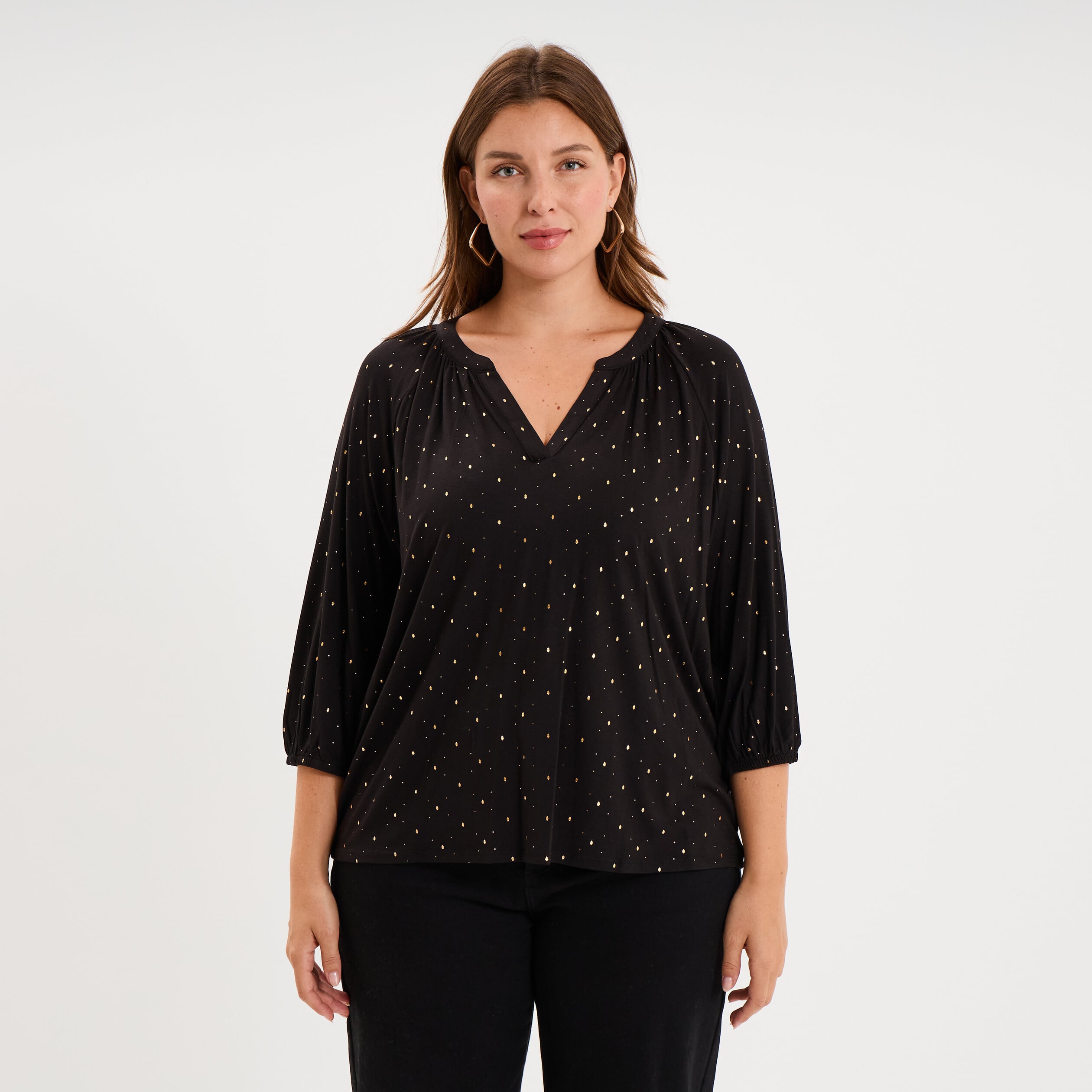 Blouse manches 3/4 et col tunisien noir femme grande taille