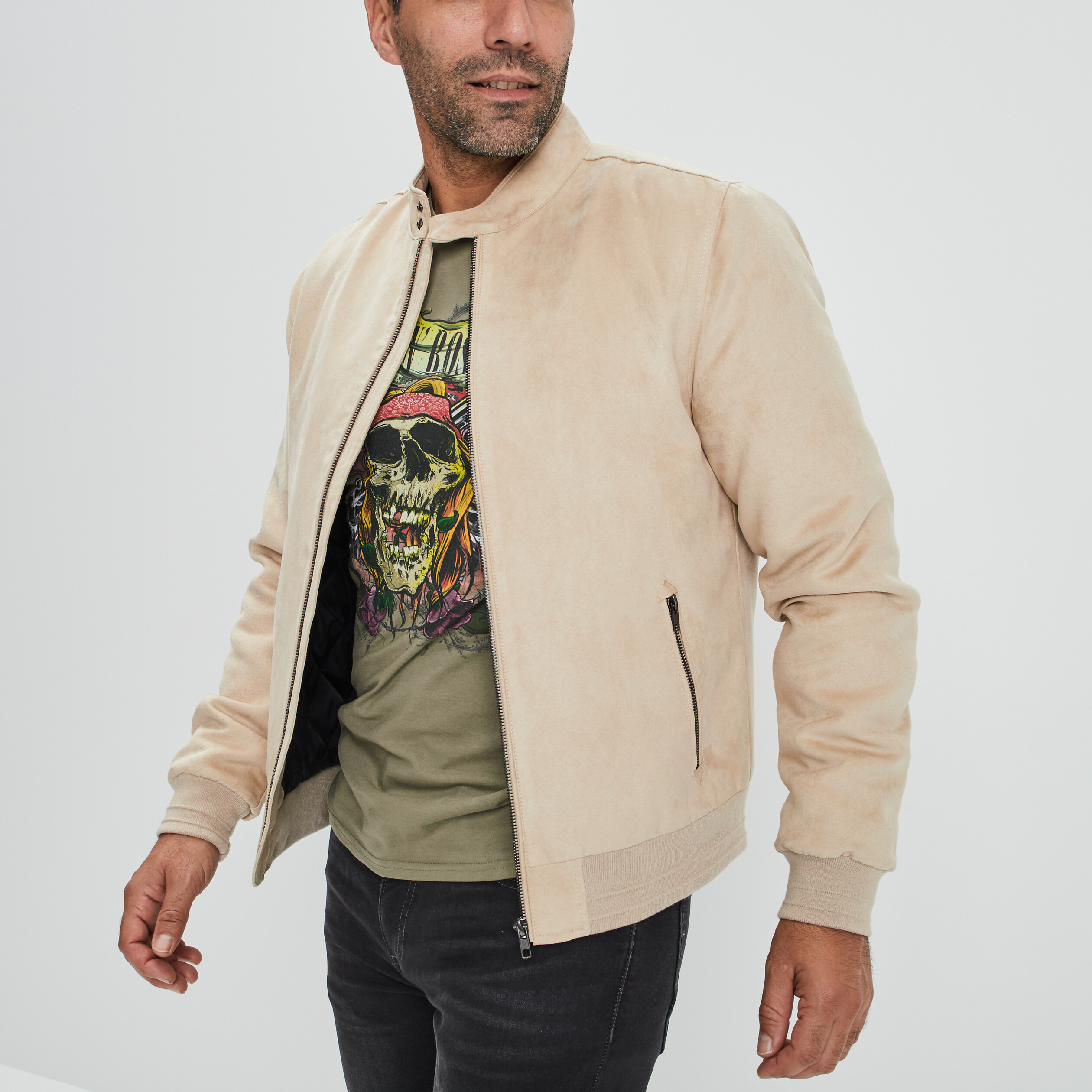 Blouson droit zippé aspect suédine beige homme