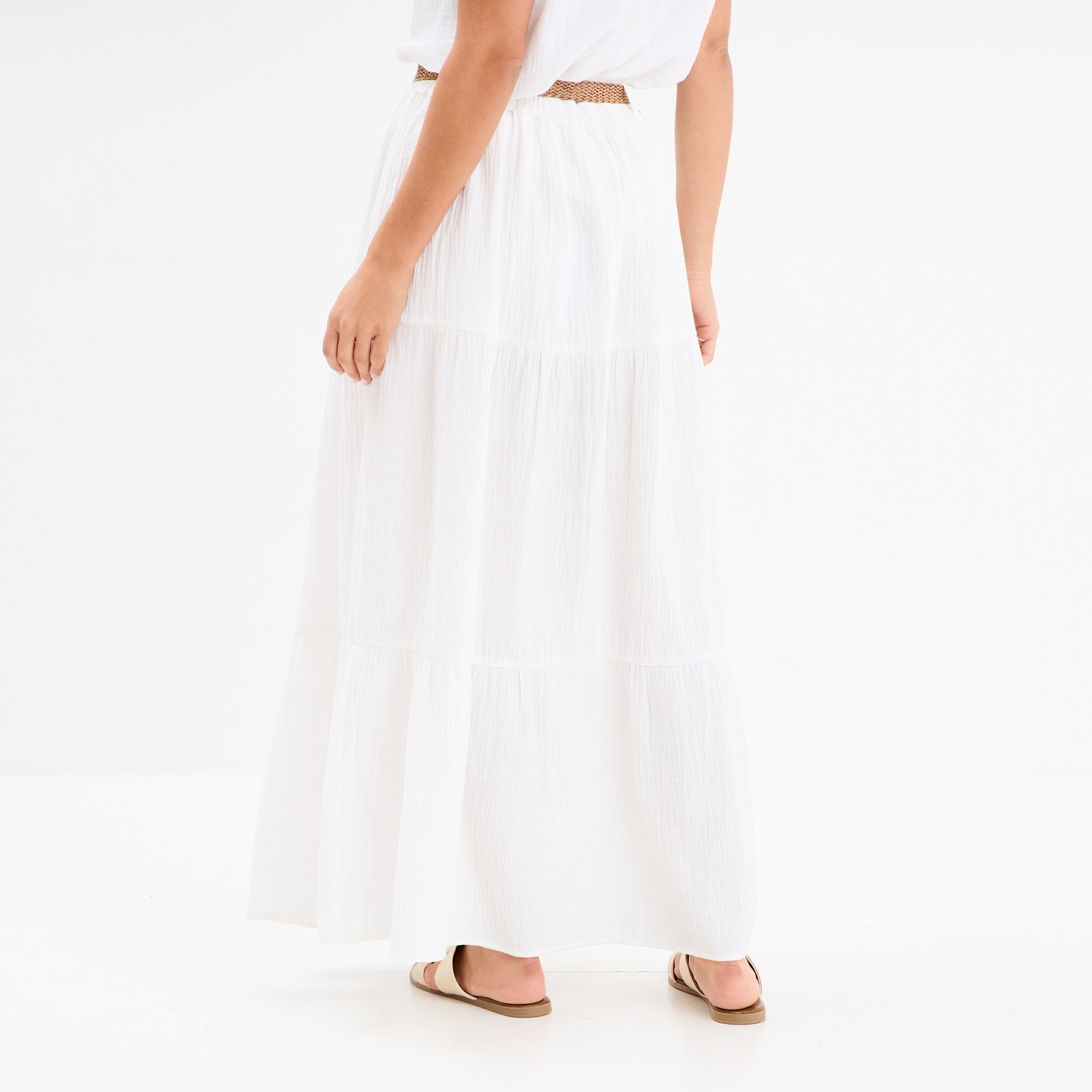 Jupe longue gaze de coton ceintur&eacute;e blanc femme