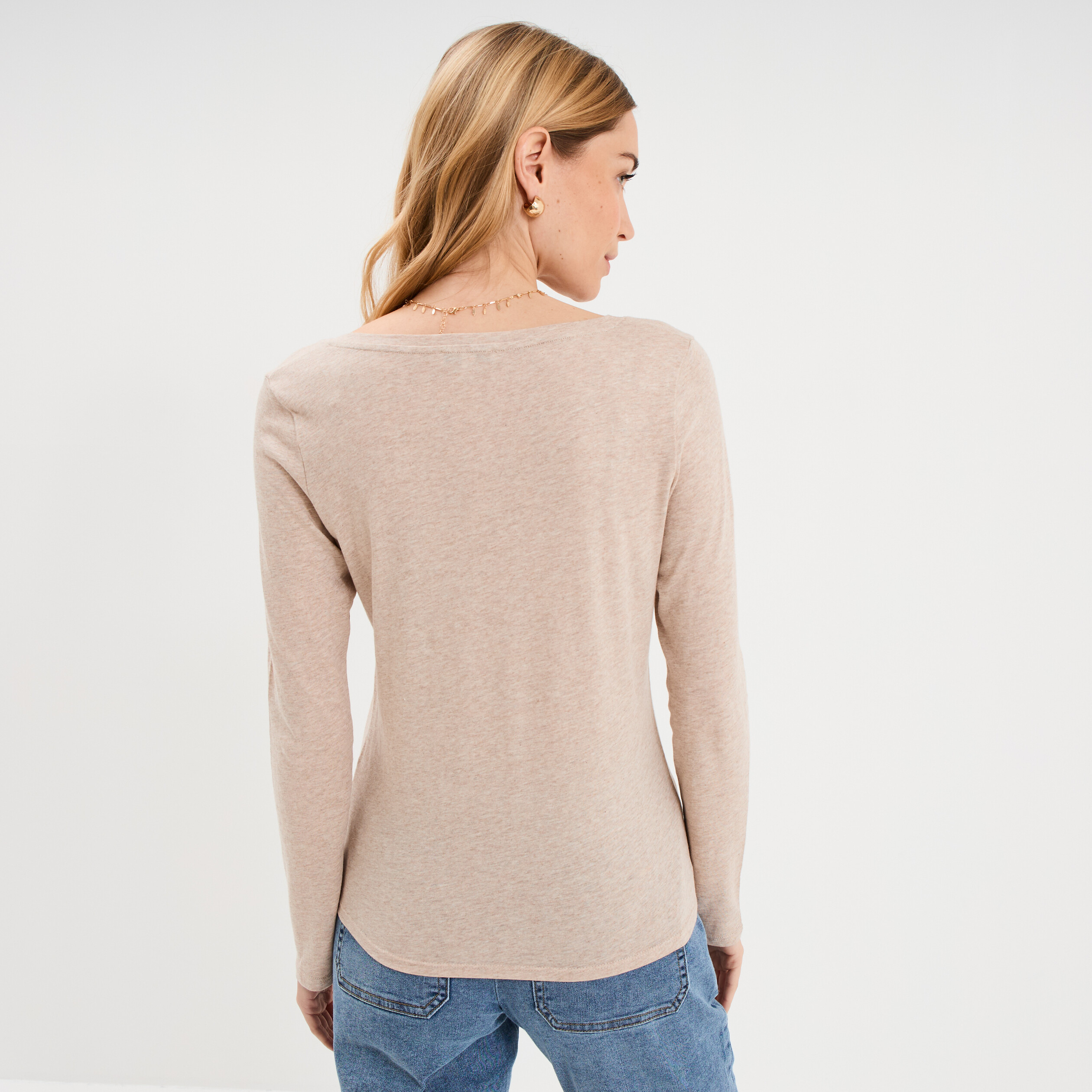 T-shirt col en V manches longues coton beige femme
