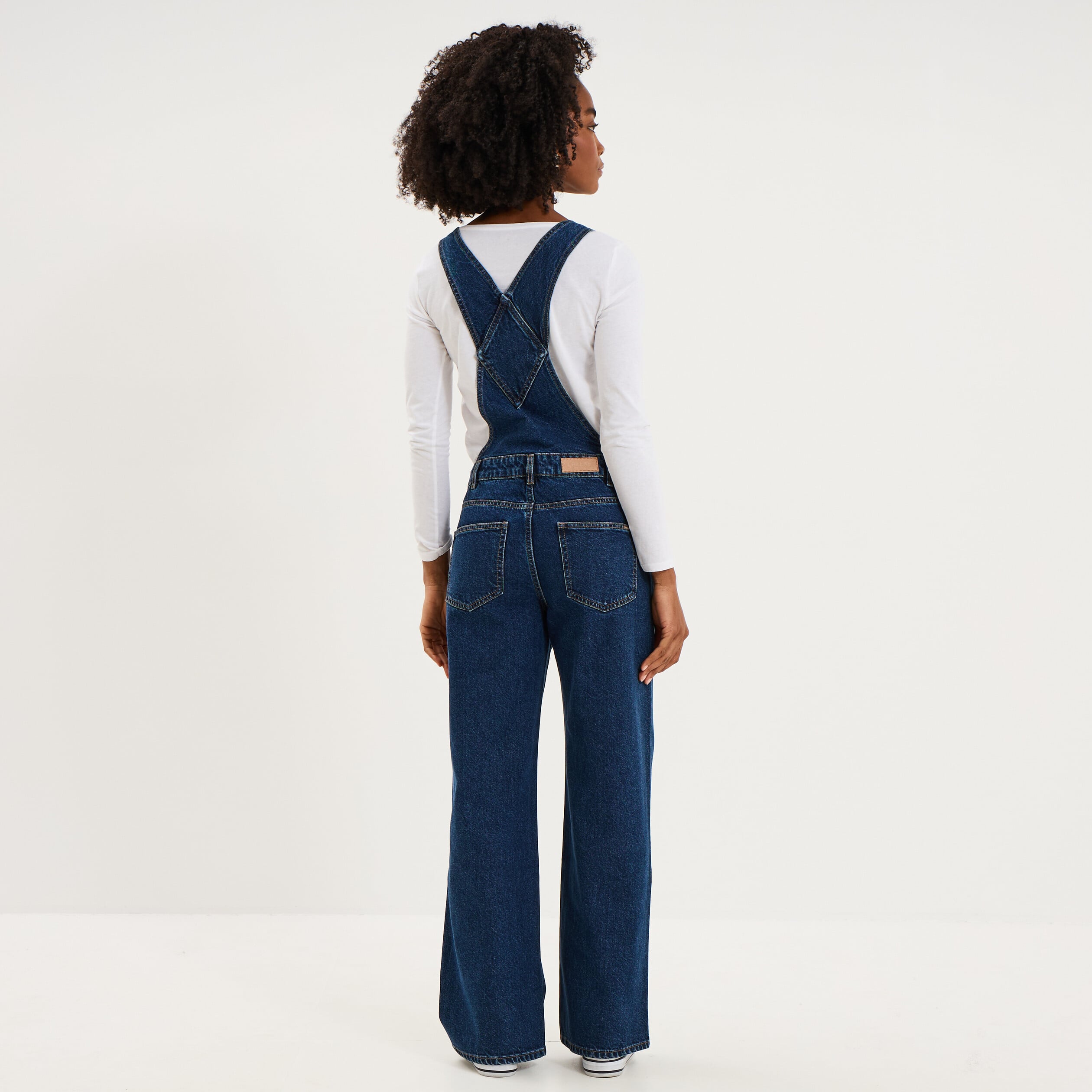Salopette en jean jambe large coton bleu fonc&eacute; femme