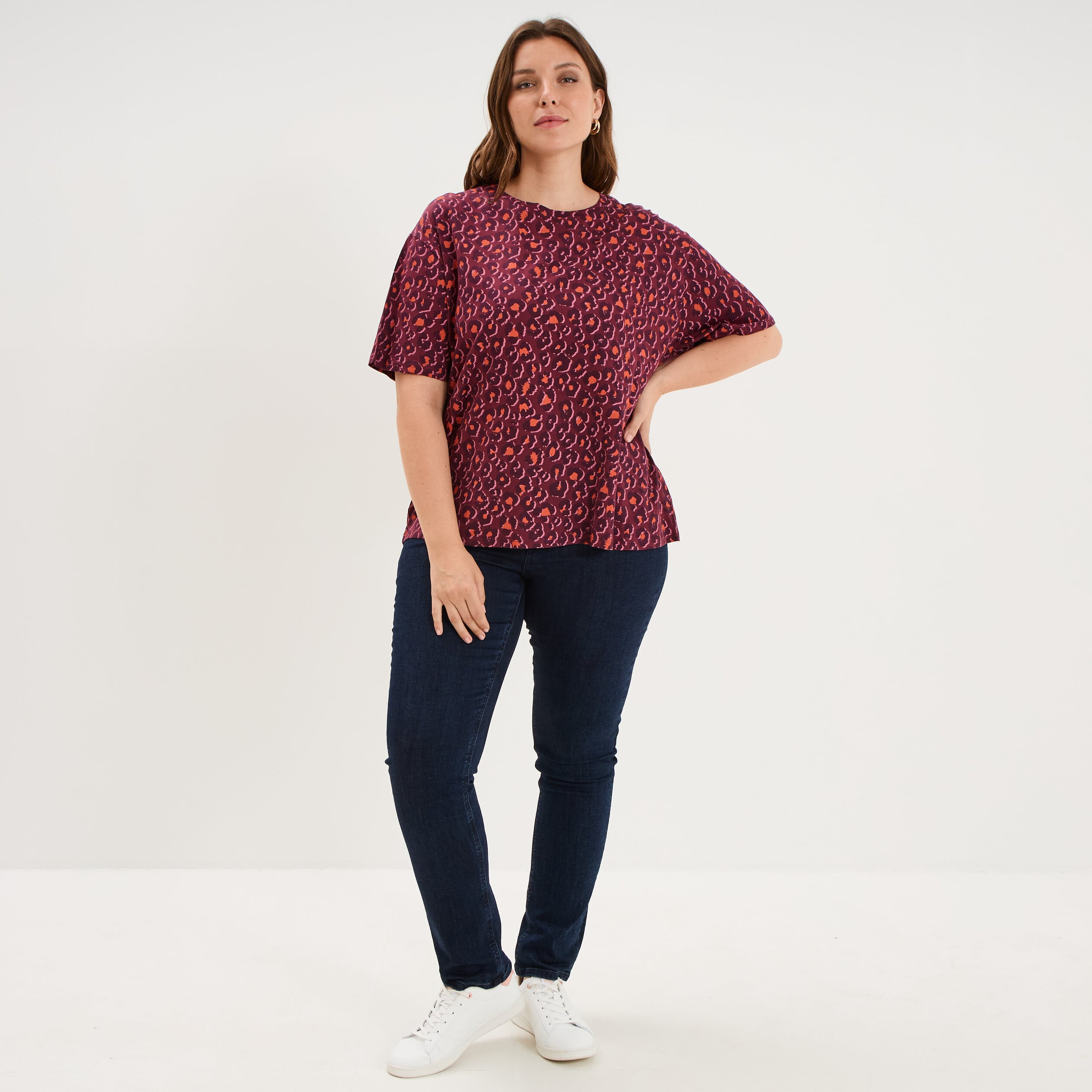 T-shirt col rond manches courtes coton bordeaux femme grande taille