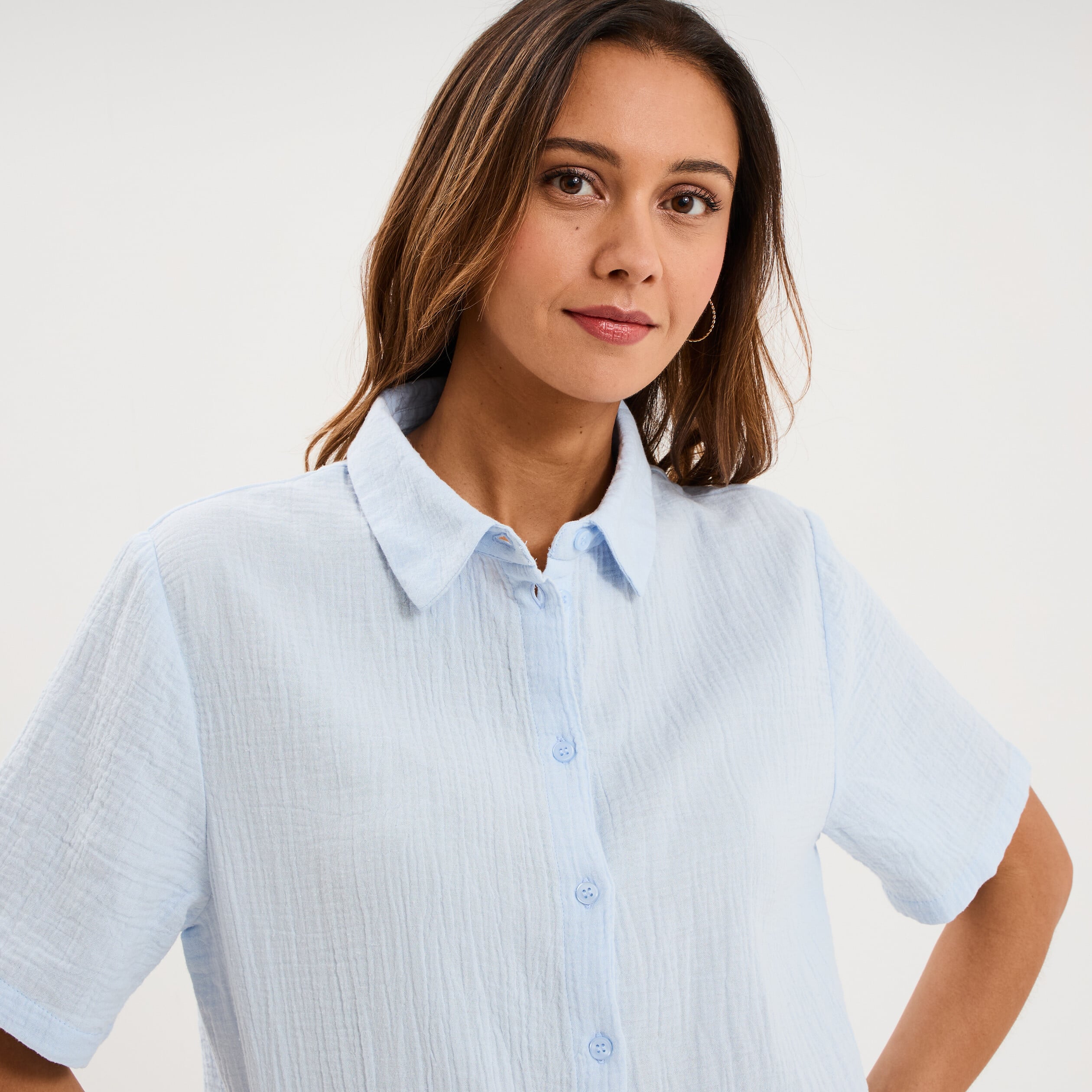 Ensemble pyjama chemise et short coton bleu ciel femme