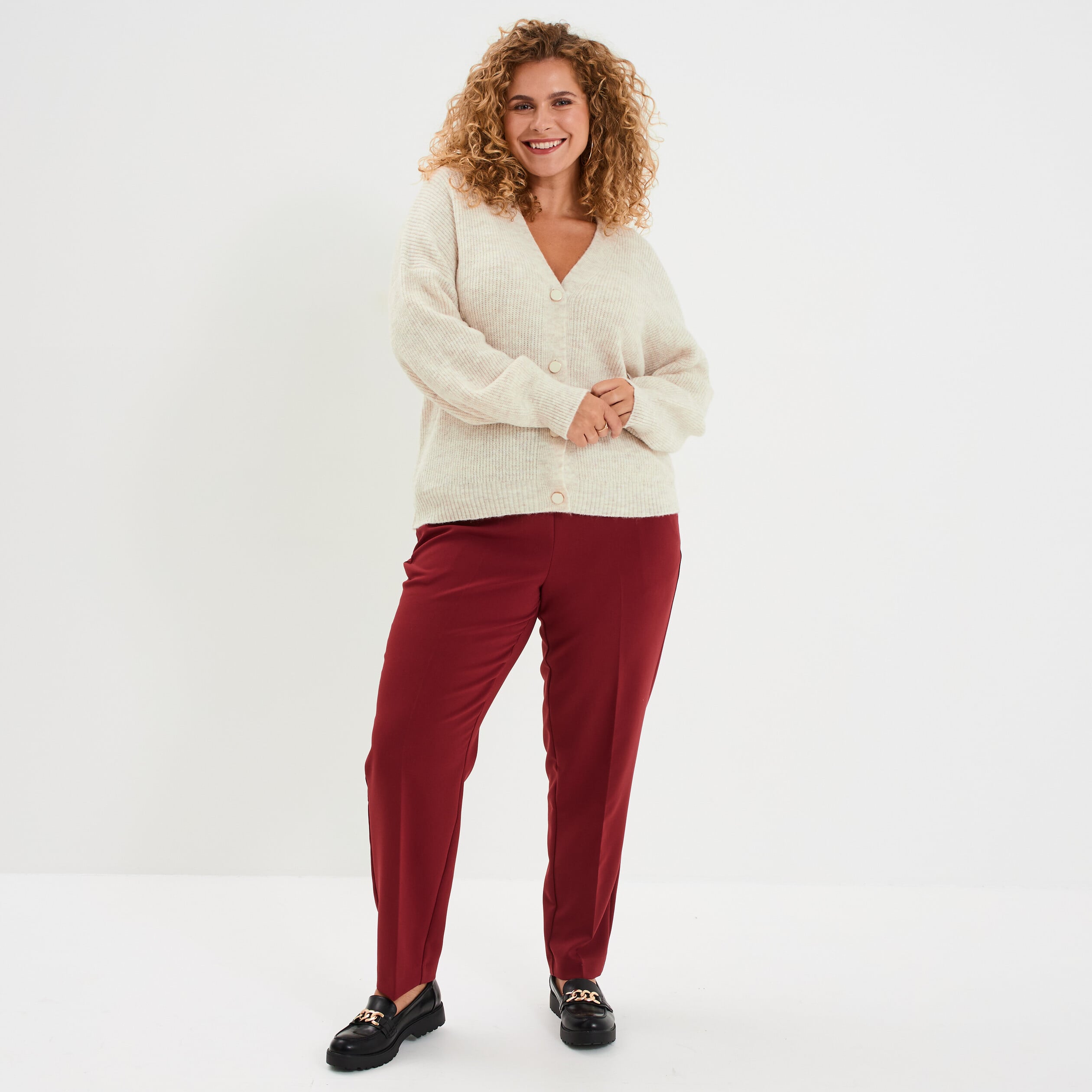 Pantalon city paperbag taille &eacute;lastiqu&eacute;e bordeaux femme grande taille