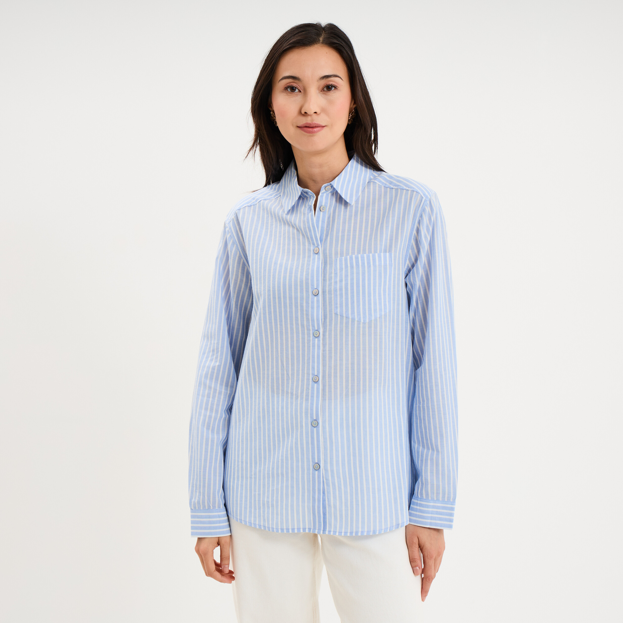 Chemise manches ajustables 1 poche coton bleu ciel femme