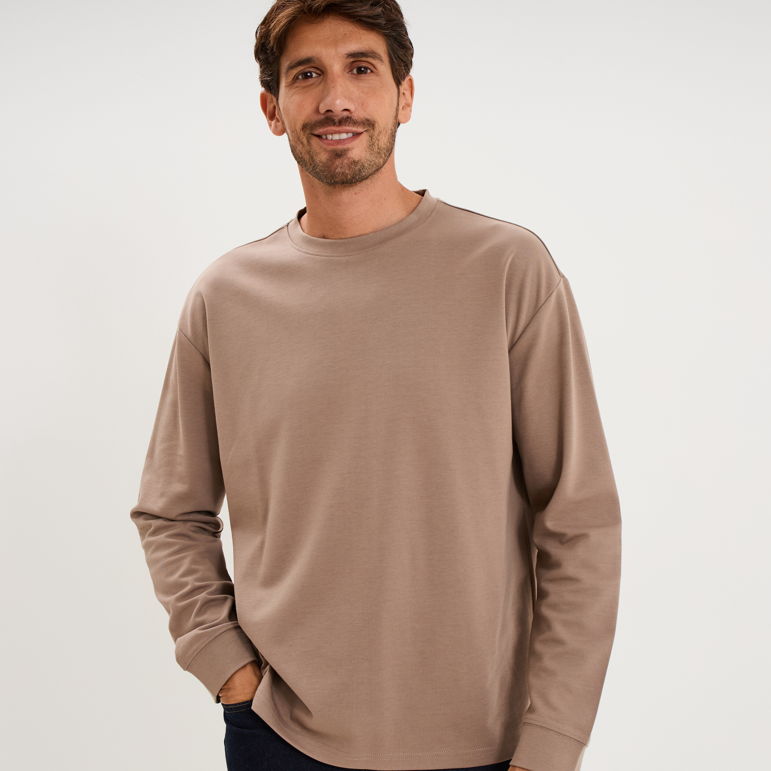 T-shirt col rond manches longues gris homme
