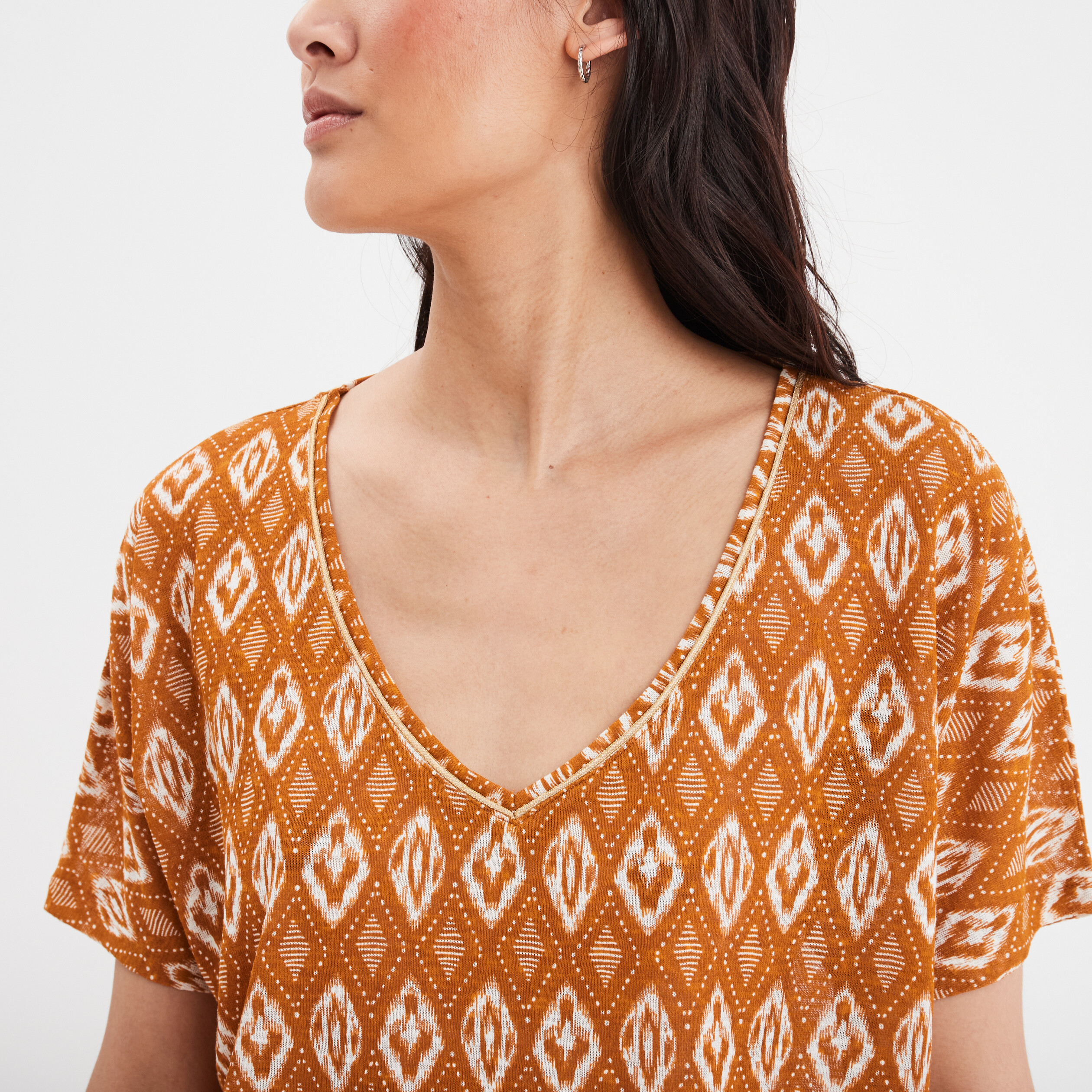 t shirt col en v manches courtes jaune moutarde femme T-shirt col en V manches courtes jaune moutarde femme