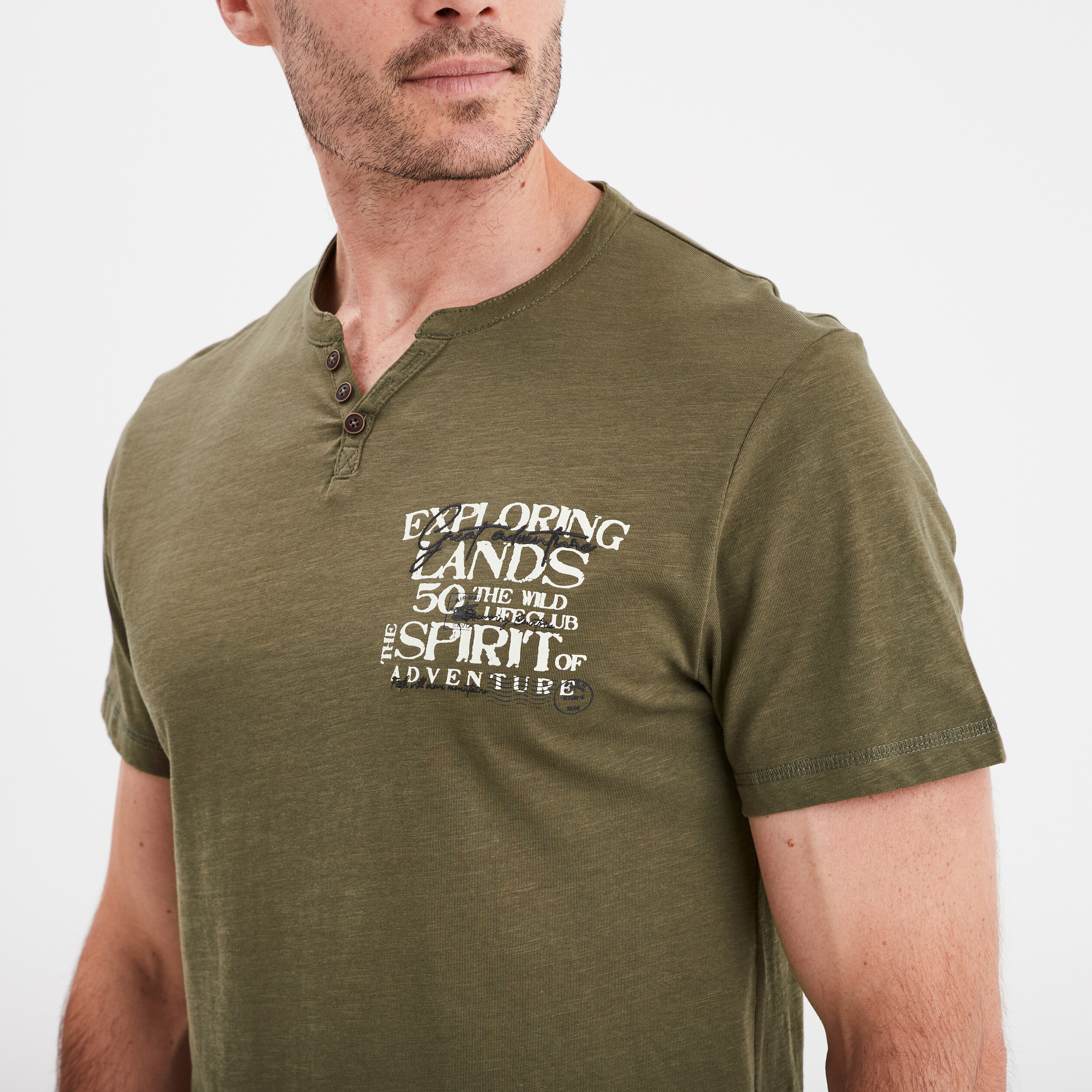 T-shirt col tunisien coton Trappeur vert kaki homme