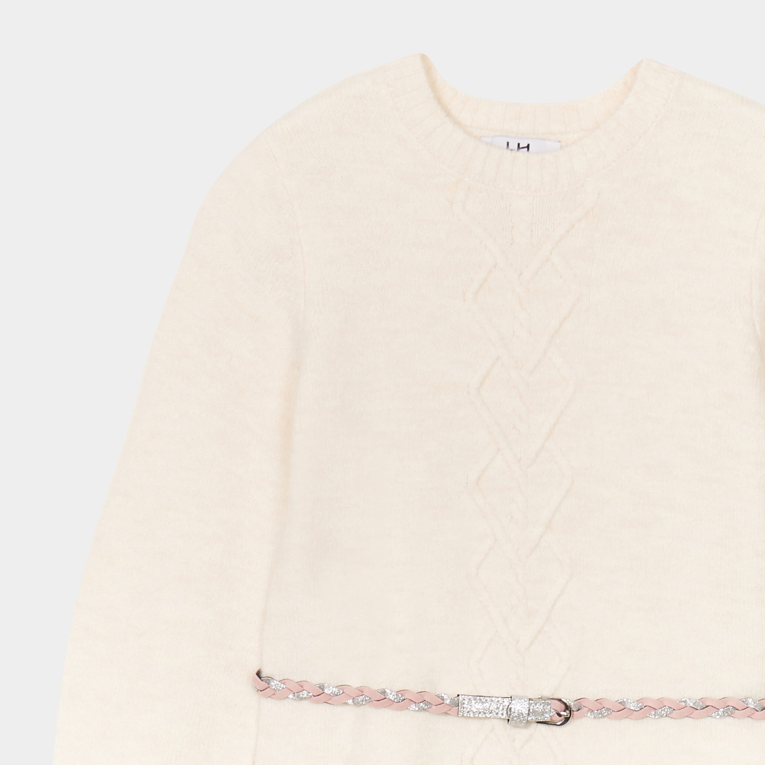 Robe pull courte avec ceinture tress&eacute;e ivoire fille