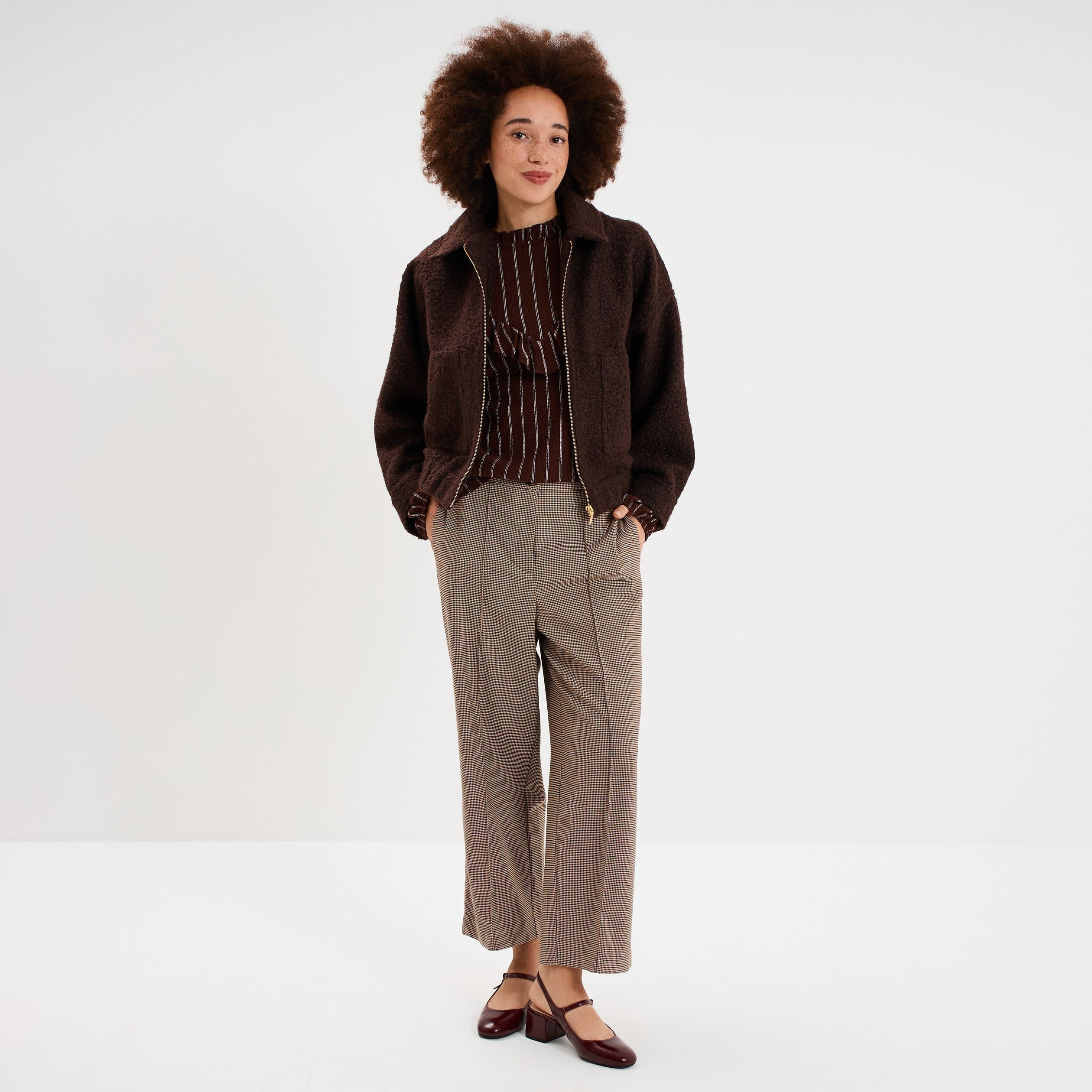 Veste bouclette oversize col tailleur marron fonc&eacute; femme