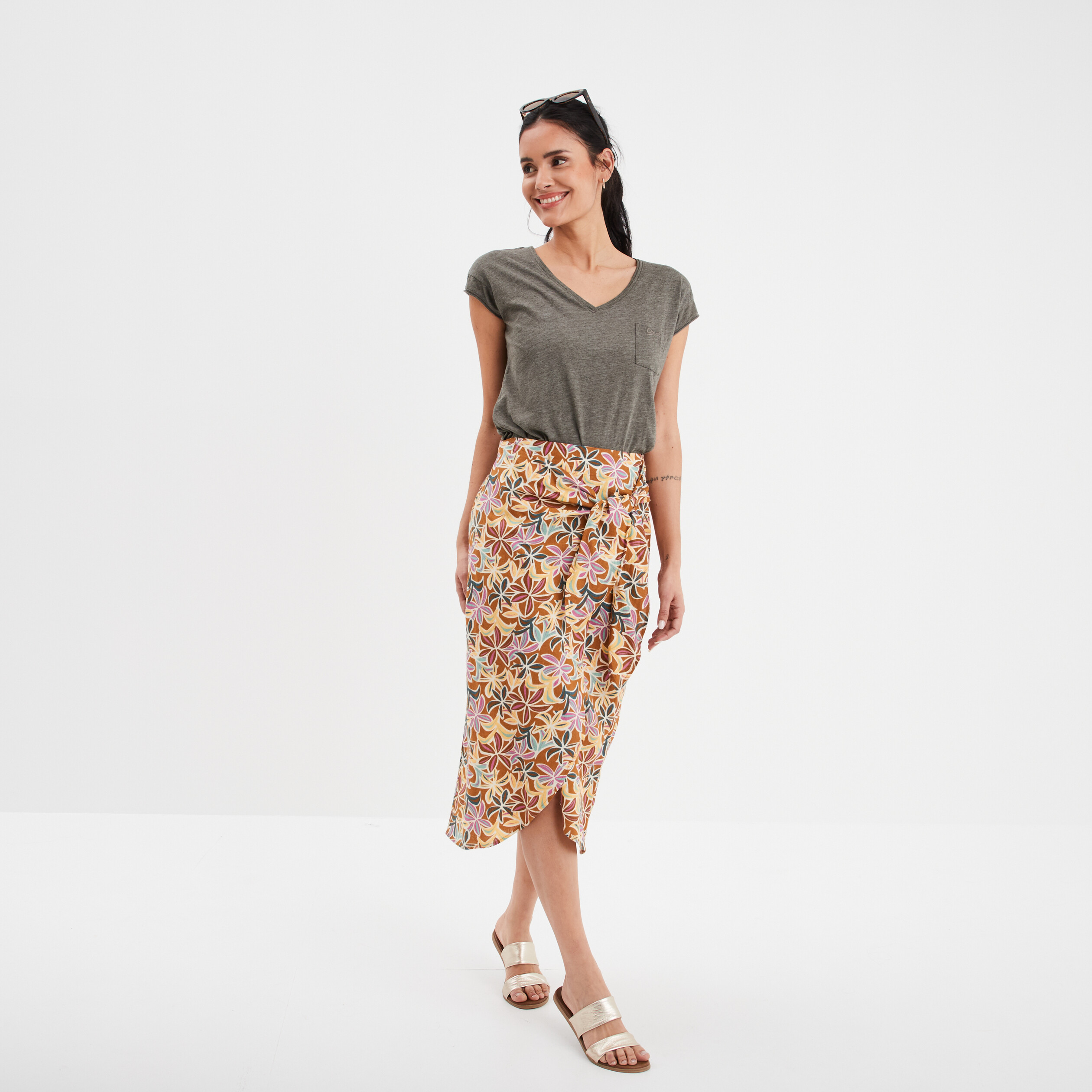 jupe midi portefeuille avec noeud en lin camel femme Jupe midi portefeuille avec noeud en lin camel femme