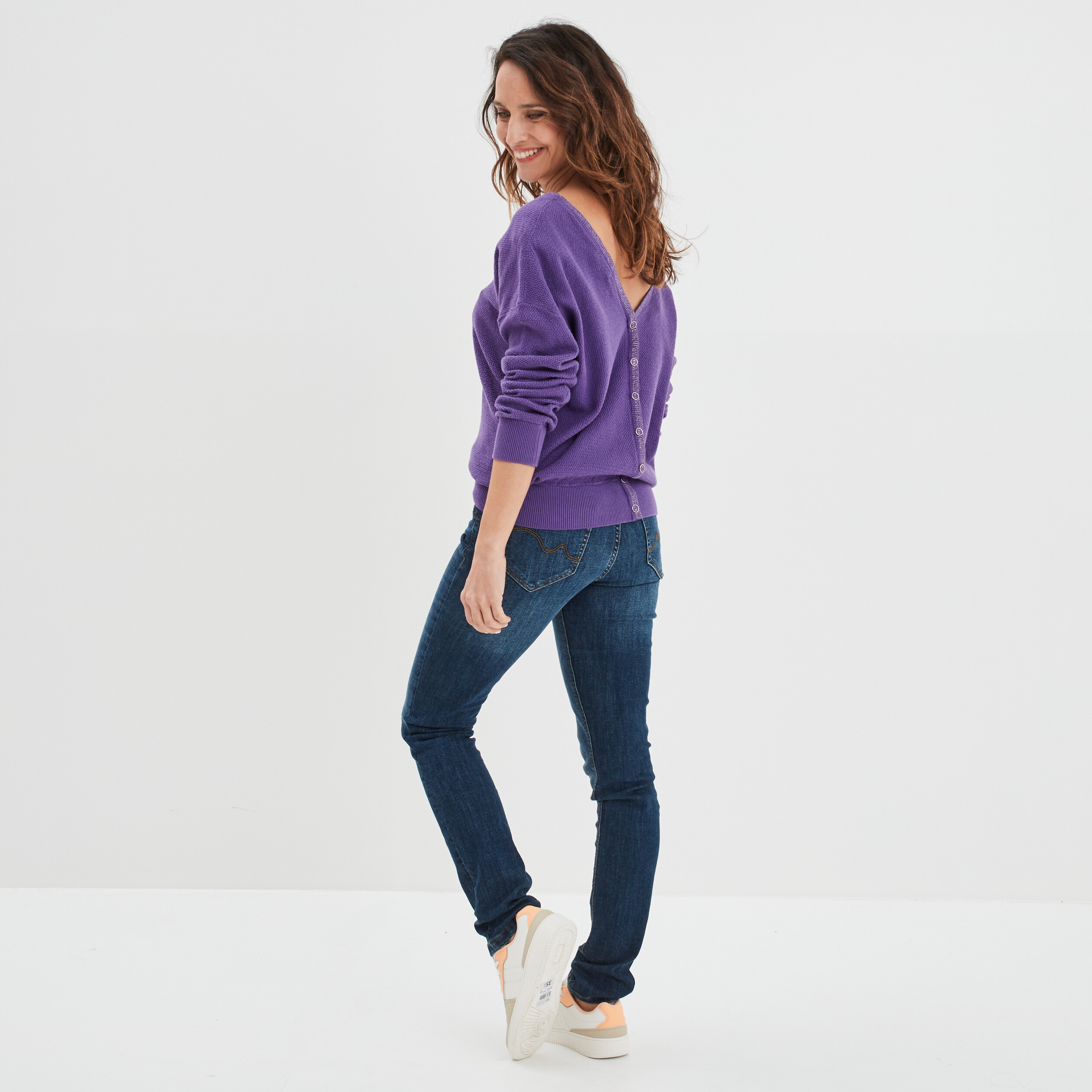 Pull gilet recto-verso col en V violet femme