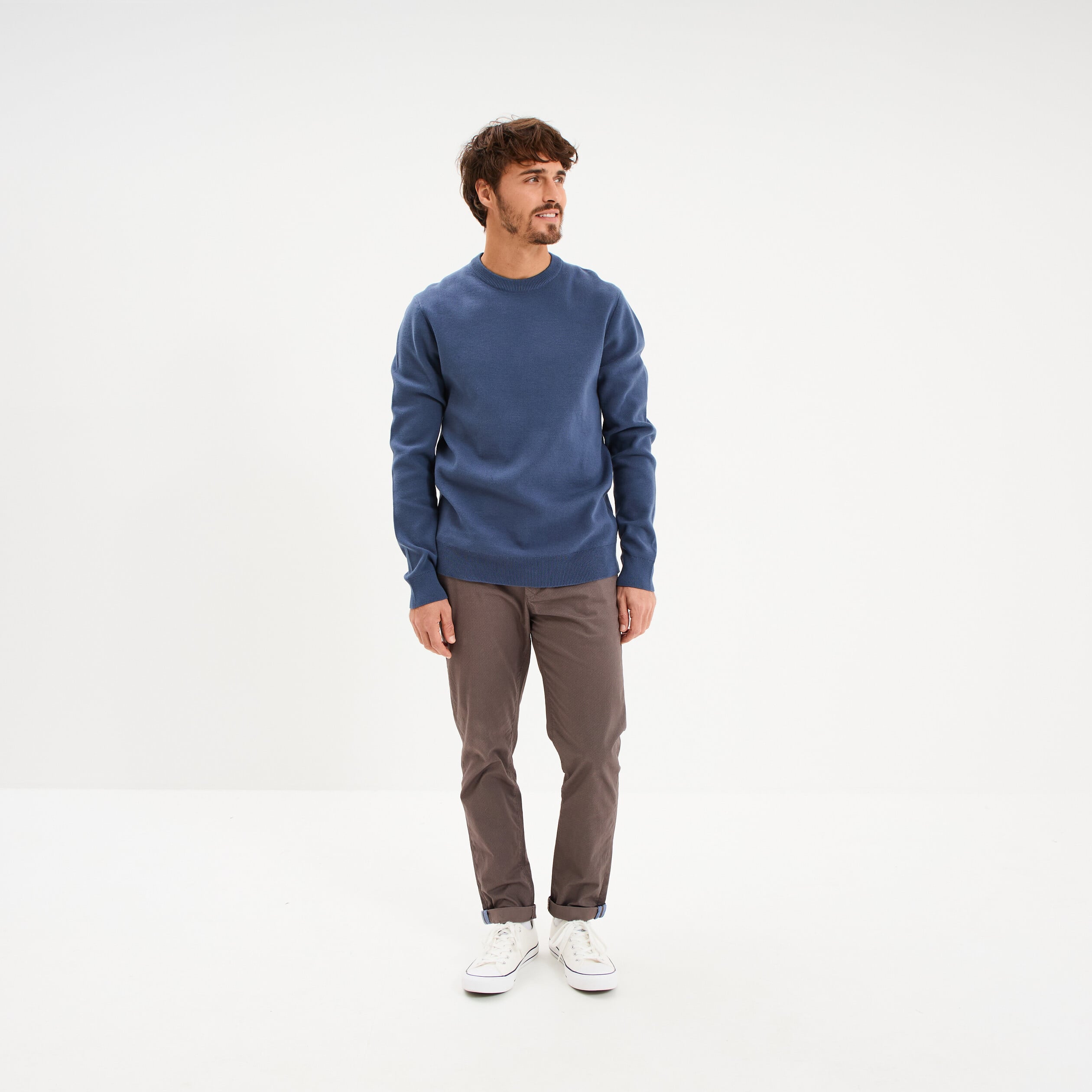 Pull col rond manches longues bleu fonc&eacute; homme