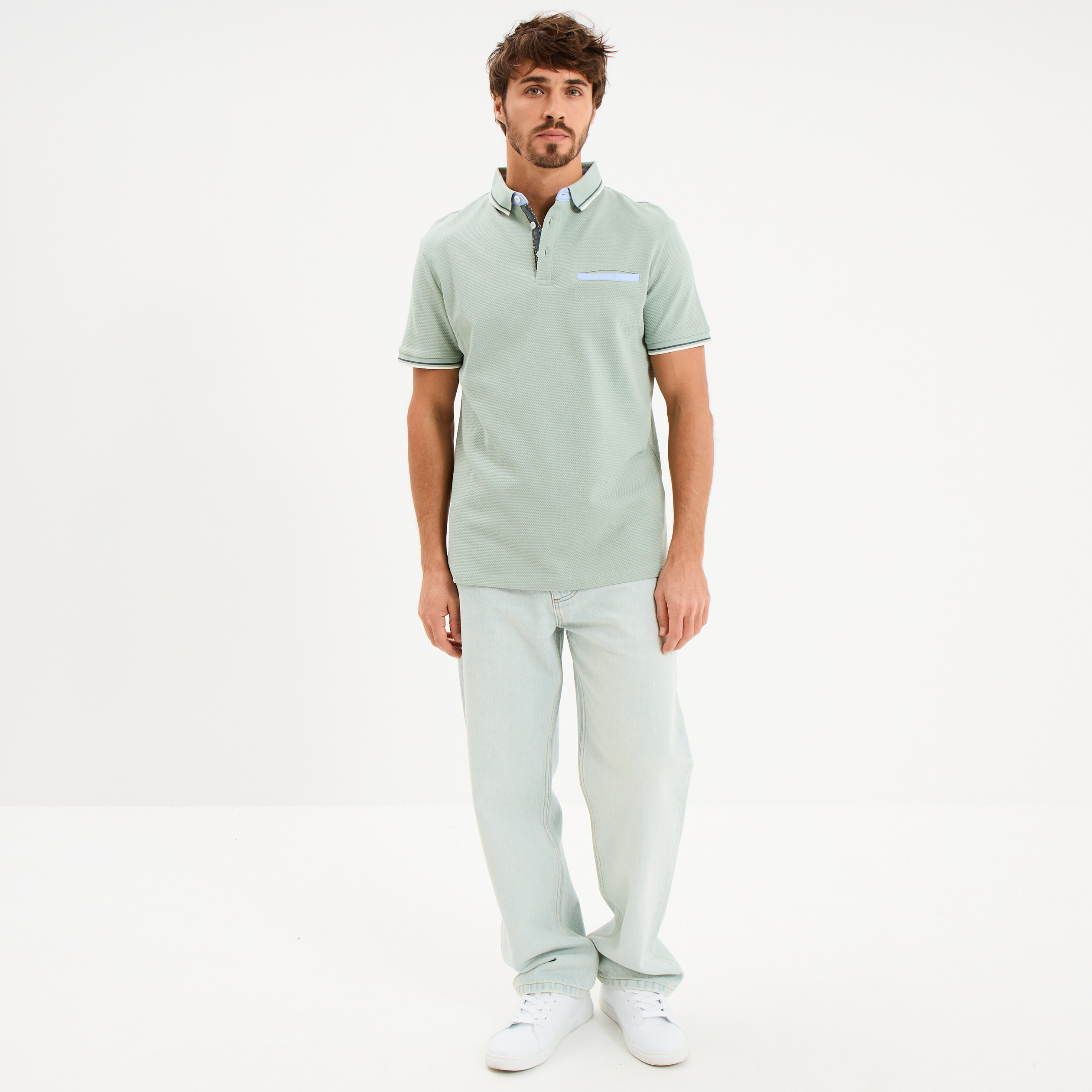Polo piqu&eacute; manches courtes coton vert pastel homme