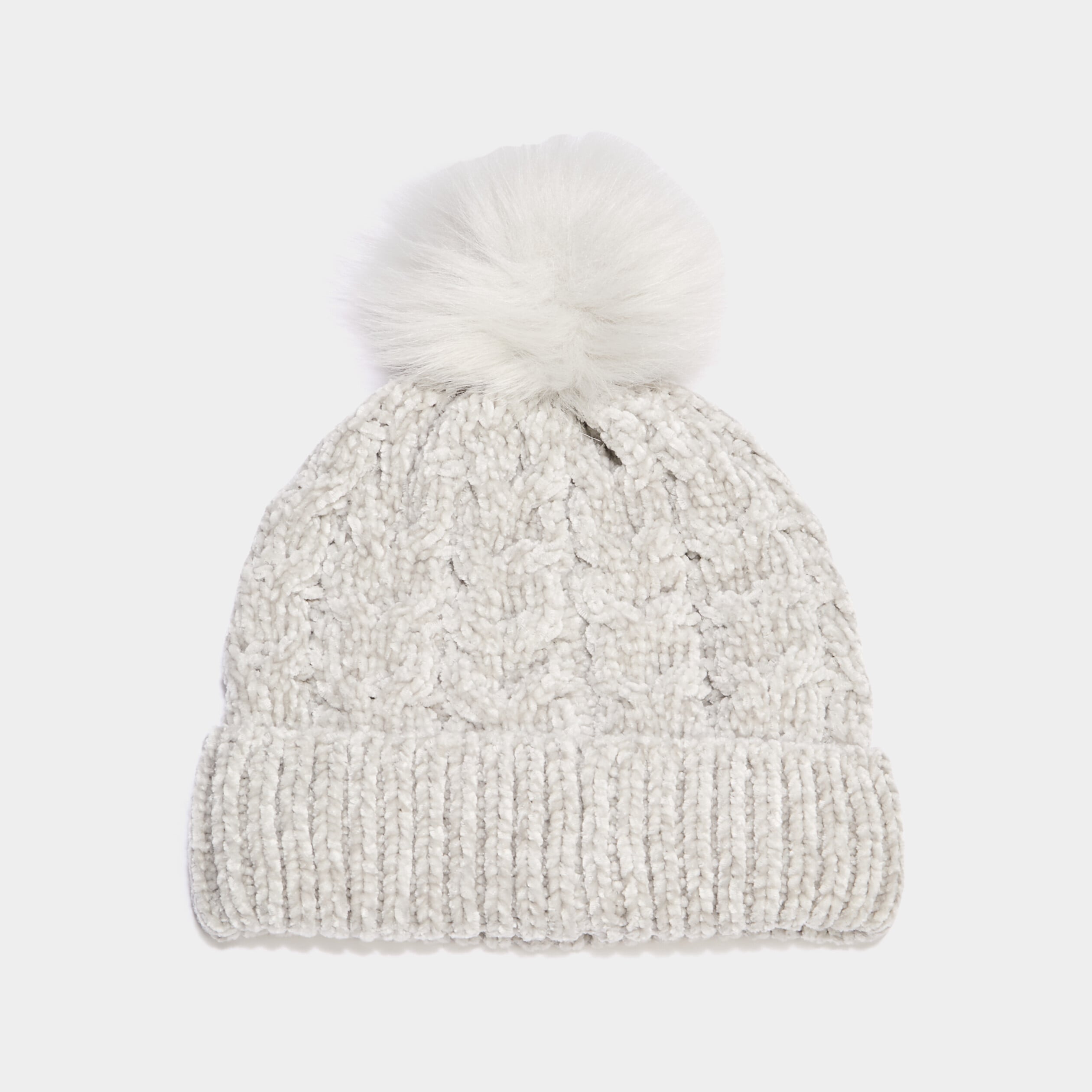 Bonnet &agrave; pompon fausse fourrure gris femme