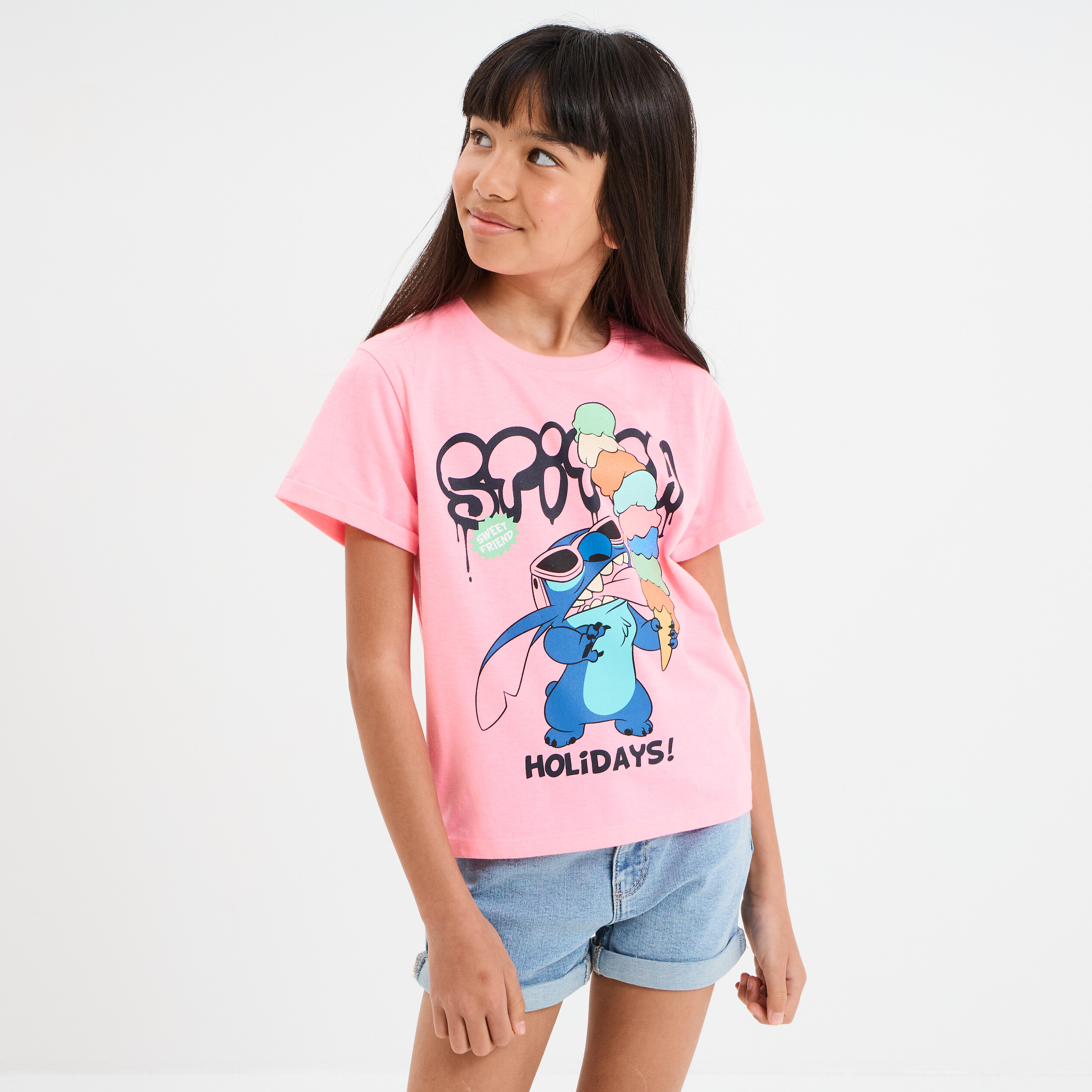 t shirt manches courtes stitch rose fluo fille T-shirt manches courtes Stitch rose fluo fille