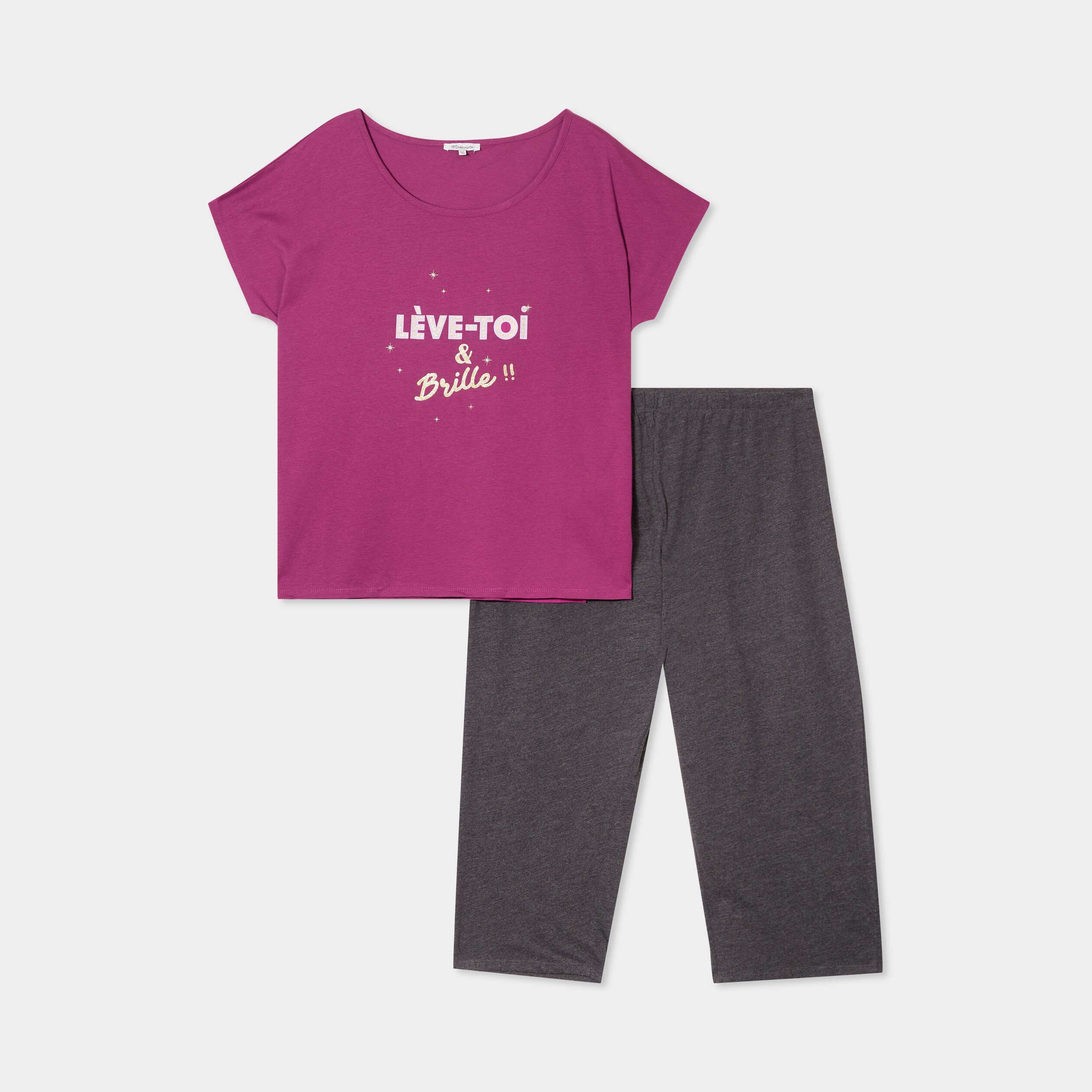 ensemble pyjama corsaire et t shirt violet femmegt Ensemble pyjama corsaire et t-shirt violet femme grande taille