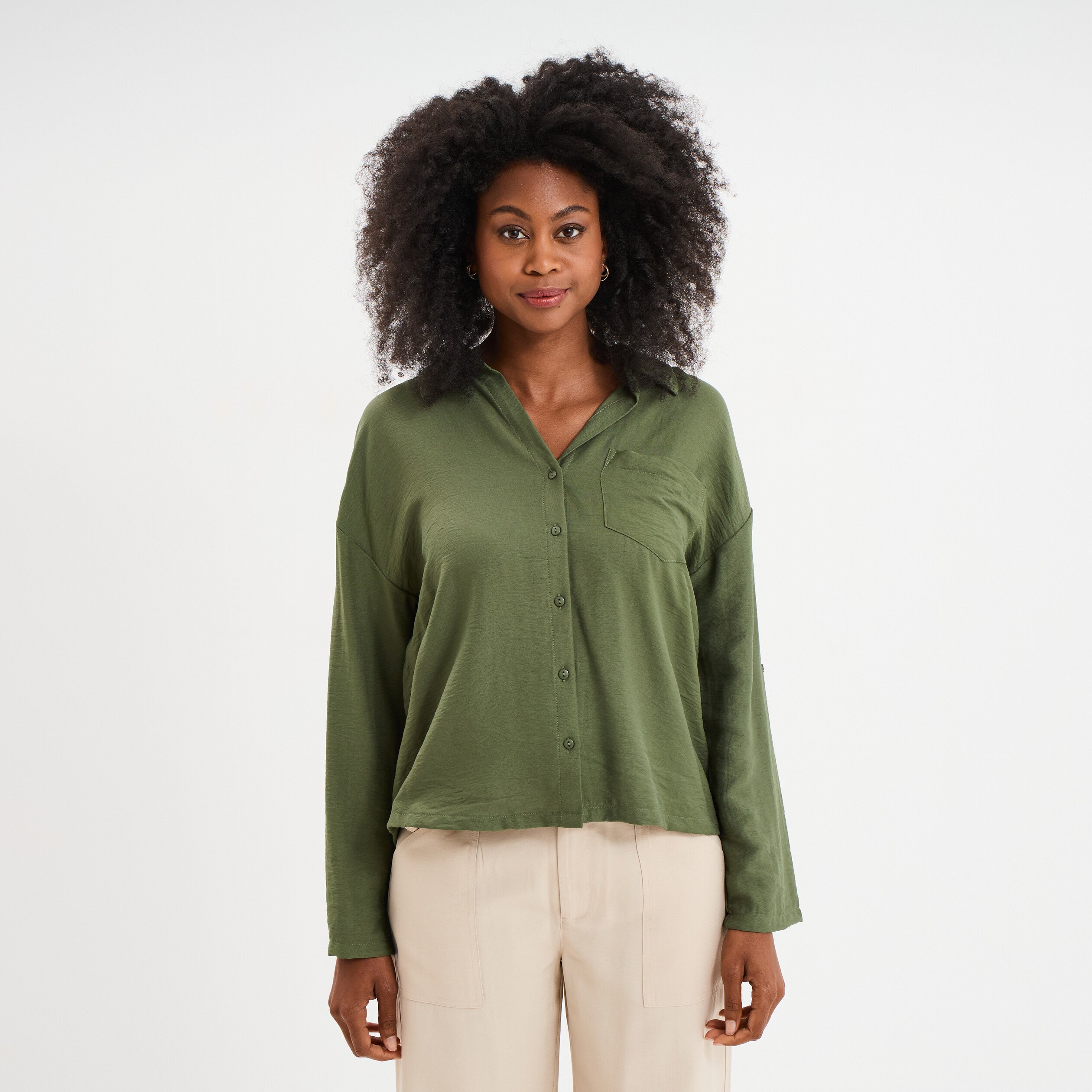 chemise manches retroussables vert kaki femme Chemise manches retroussables vert kaki femme