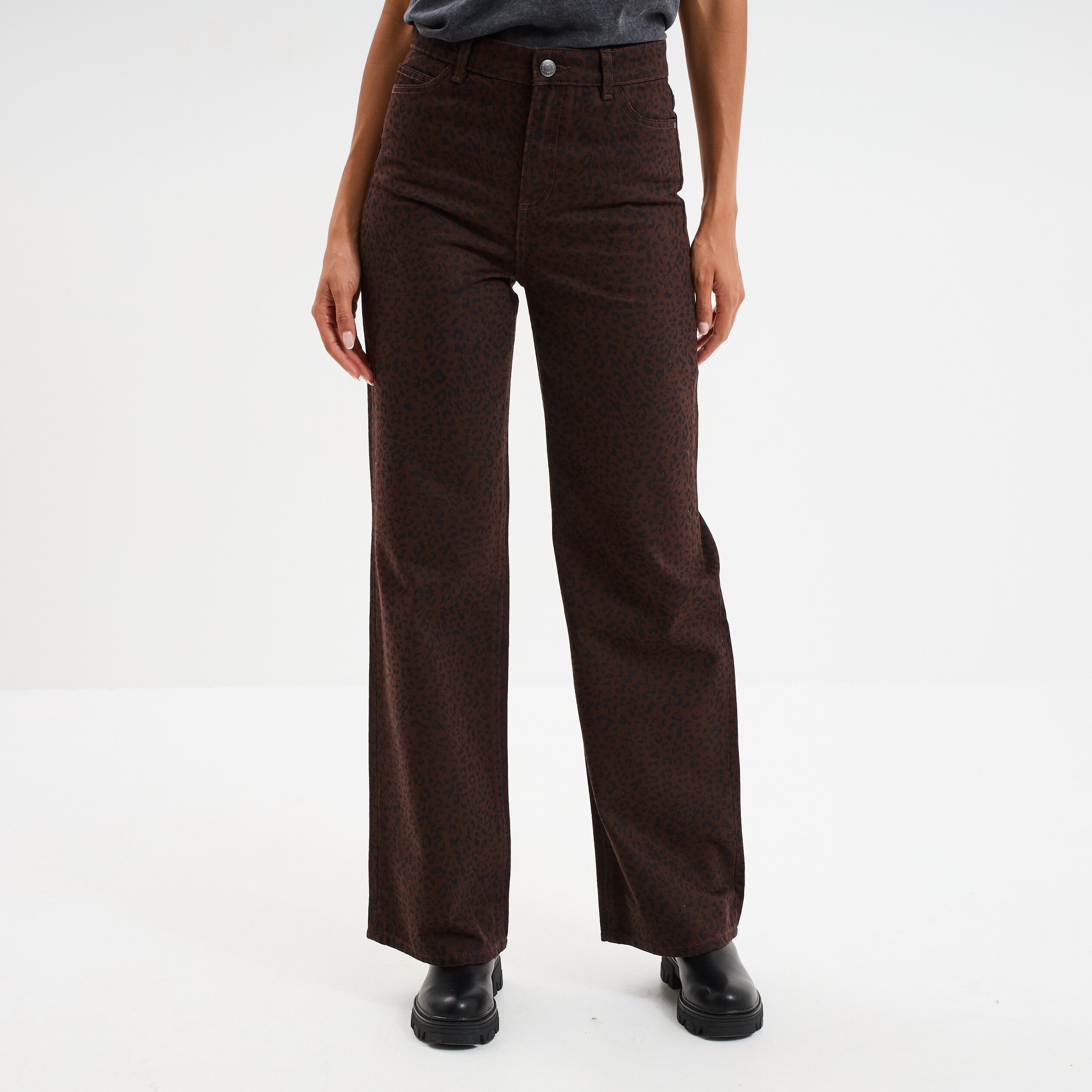 jean large taille haute coton marron fonce femme Jean large taille haute coton marron foncé femme