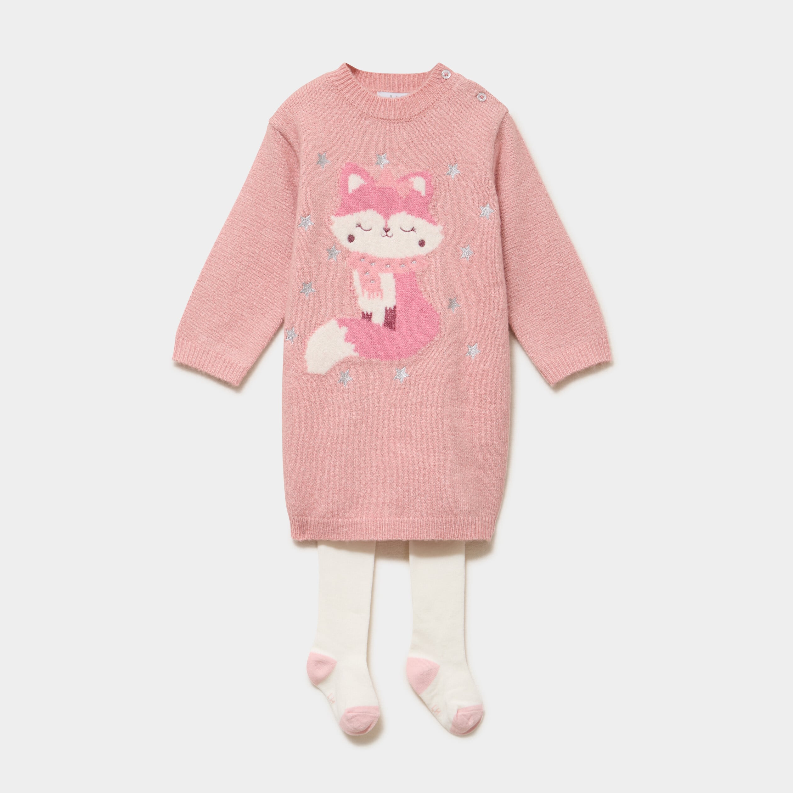 Ensemble robe pull et collants rose poudr&eacute;e b&eacute;b&eacute; fille