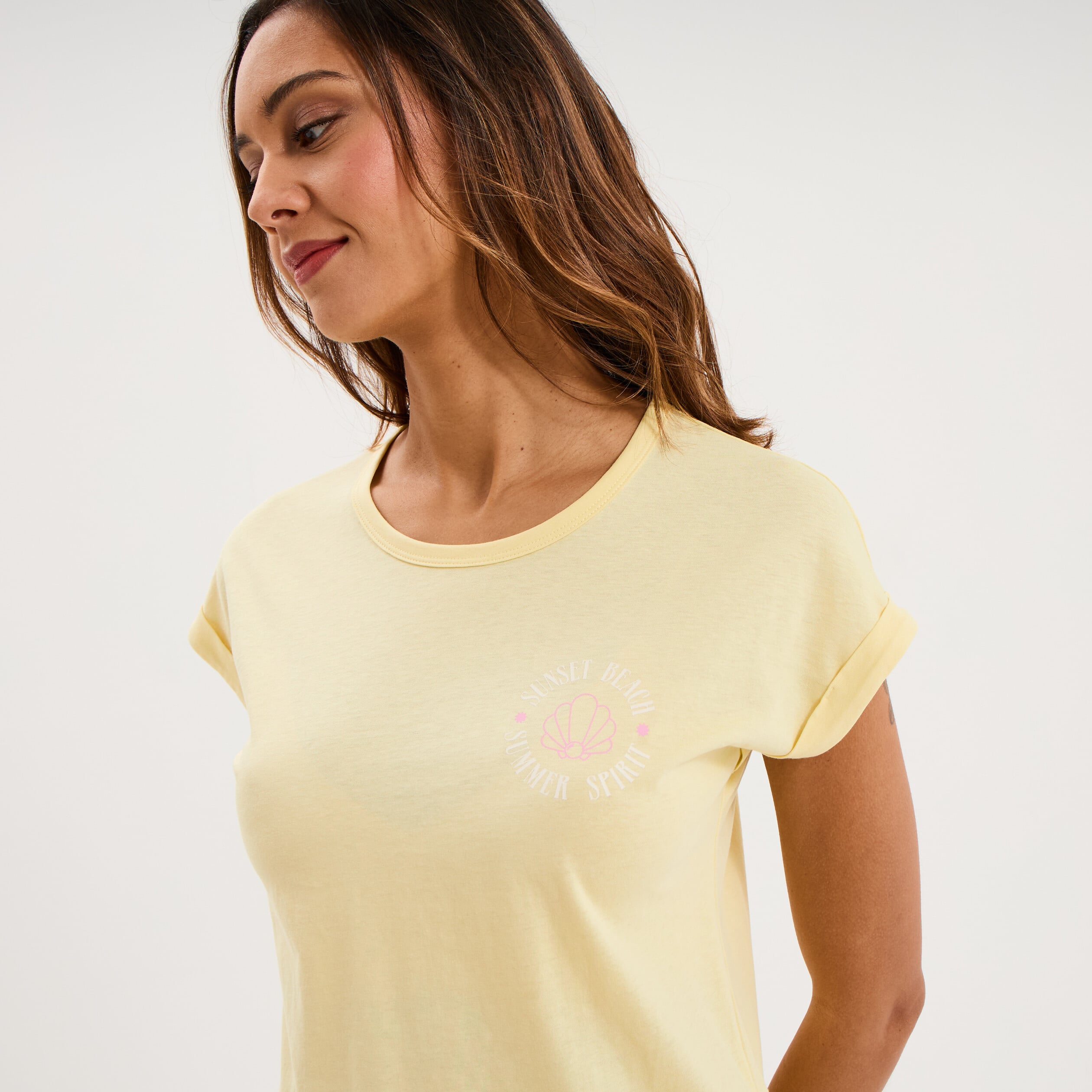 Ensemble pyjama short et t-shirt jaune clair femme