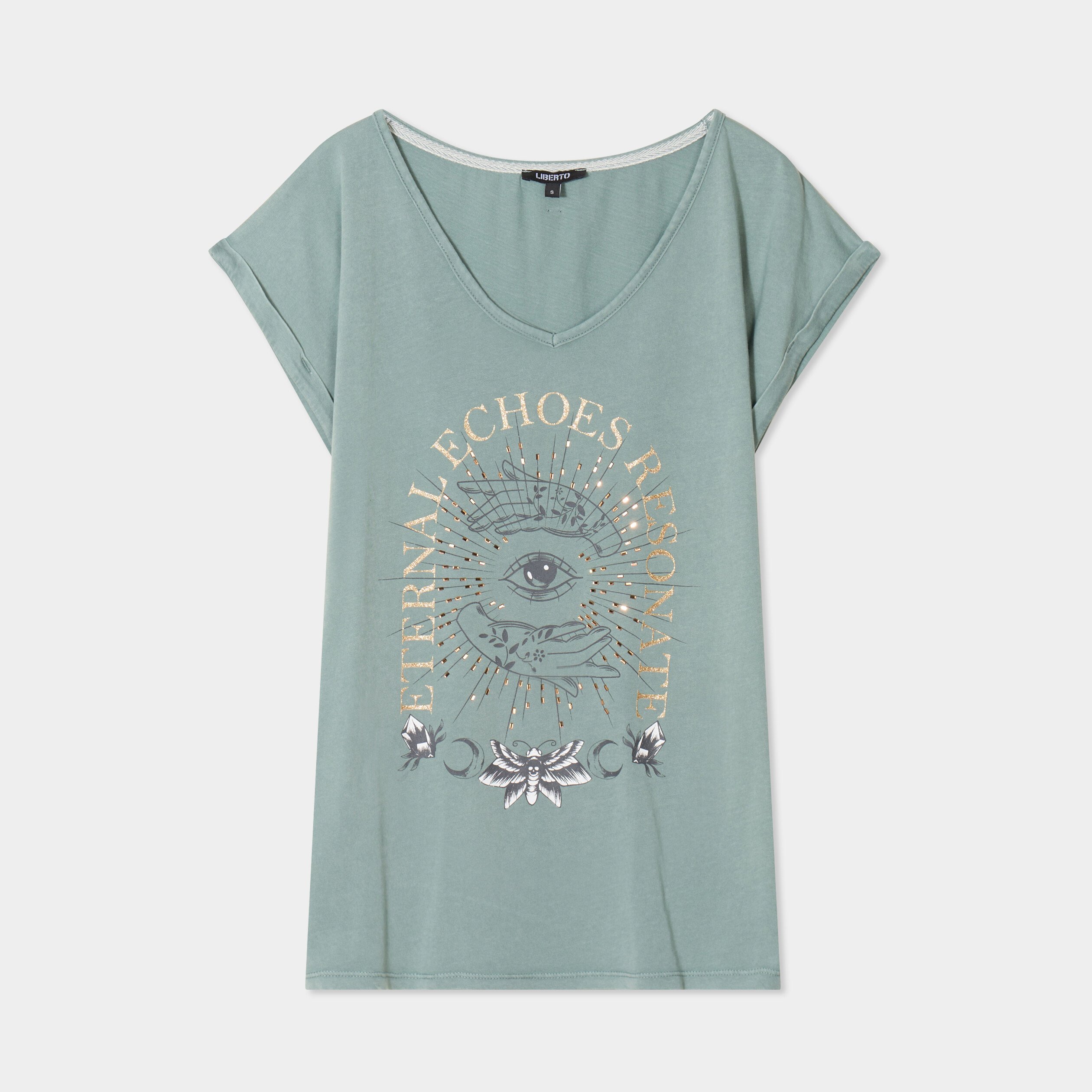 t shirt coton col en v manches courtes bleu canard femme T-shirt coton col en V manches courtes bleu canard femme
