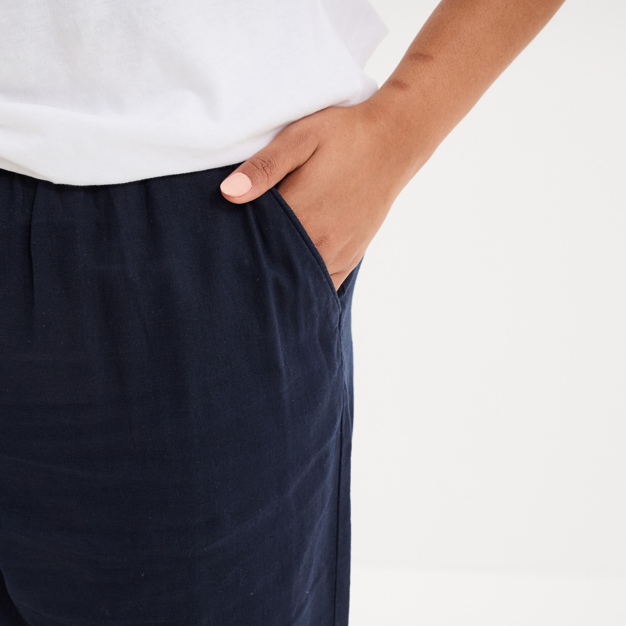 Pantalon large cropped lin m&eacute;lang&eacute; bleu fonc&eacute; femme grande taille