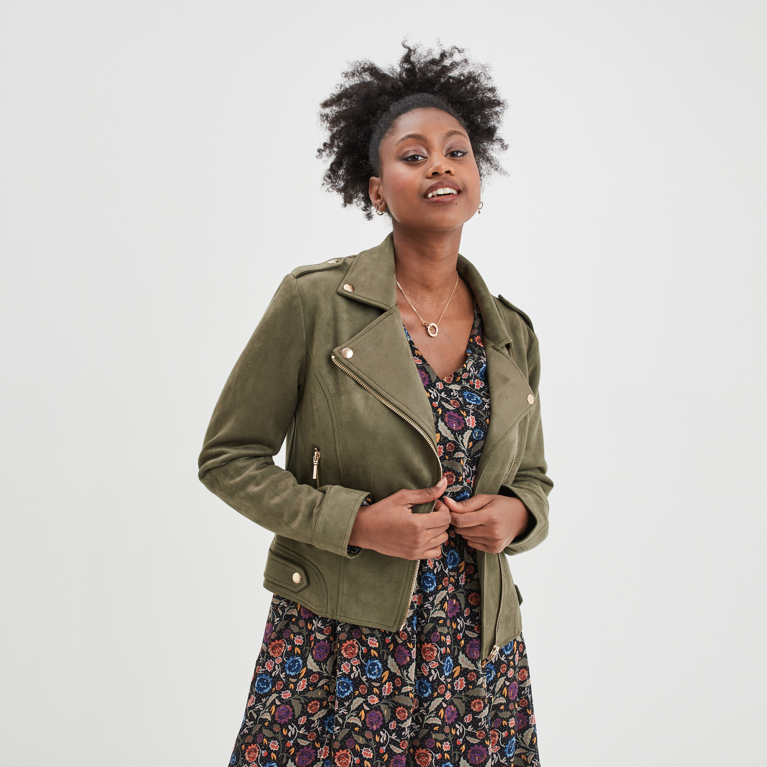 Veste esprit biker effet su?�dine vert kaki femme | La Halle